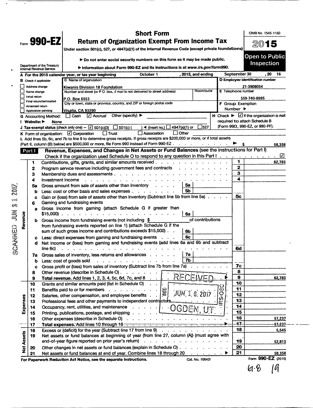 Image of first page of 2015 Form 990EZ for Kiwanis Division 18 Foundation