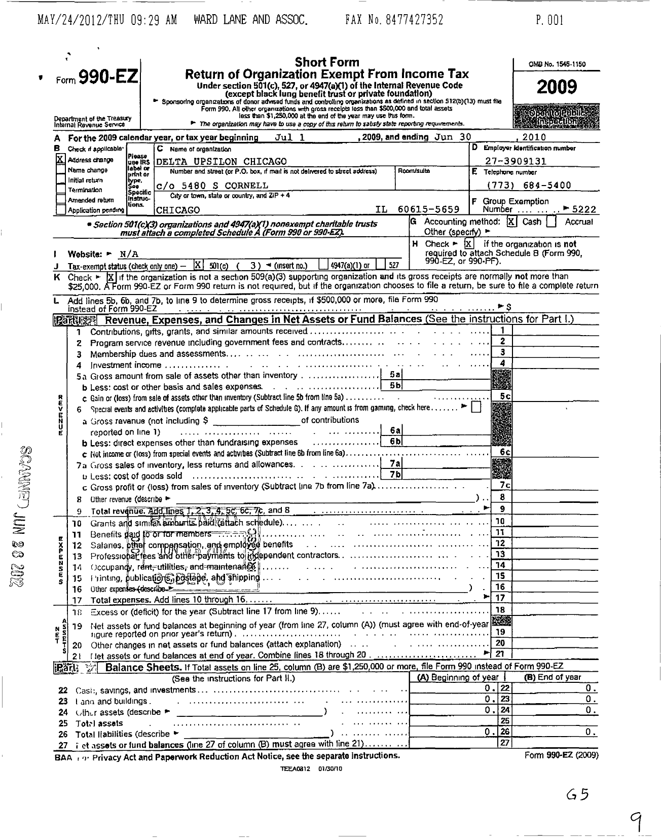 Image of first page of 2009 Form 990EZ for Delta Upsilon Fraternity - Delta Upsilon Chicago