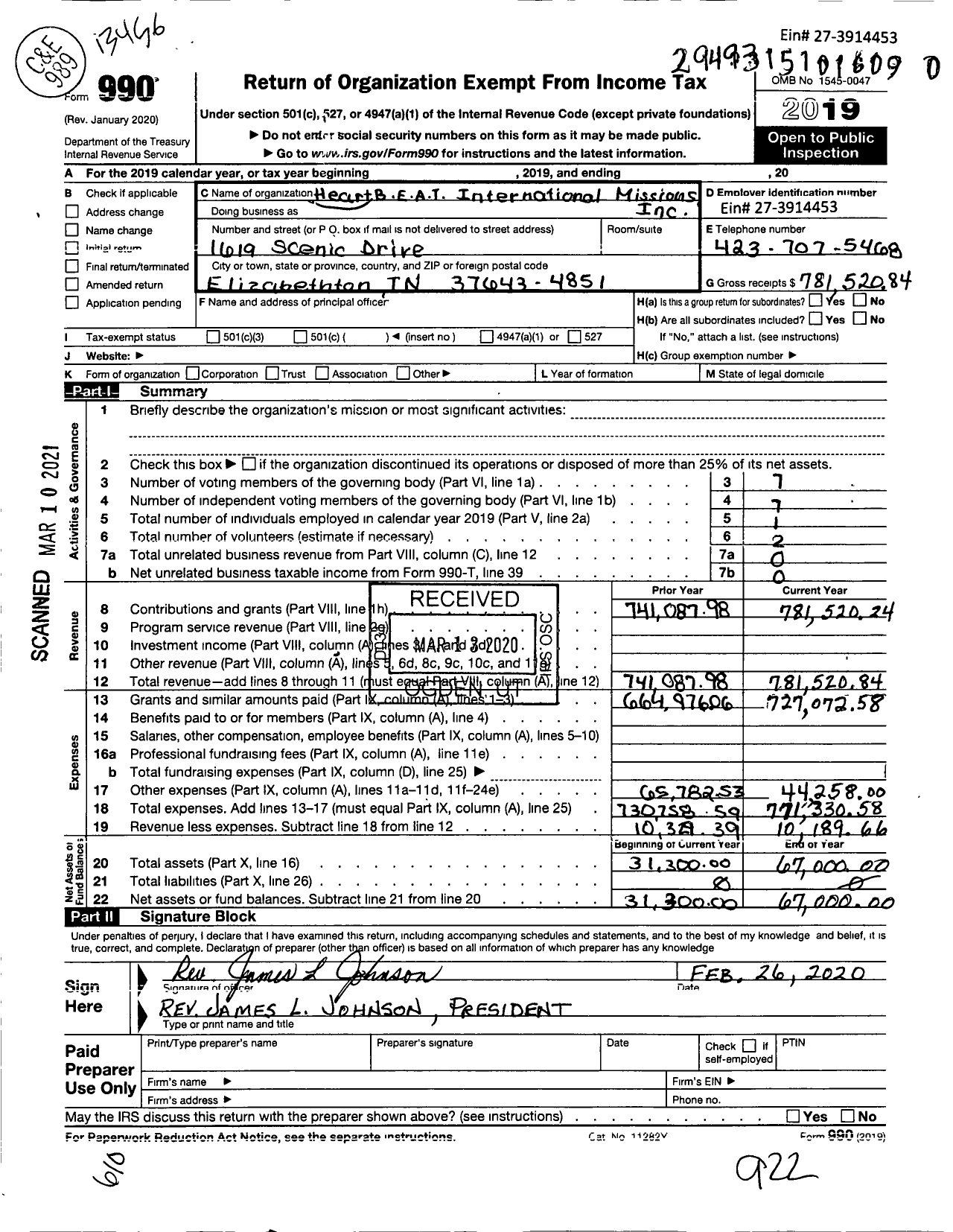Image of first page of 2019 Form 990 for HeartBEAT International Missions