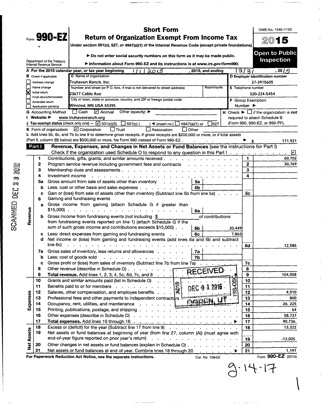 Image of first page of 2015 Form 990EZ for Truhaven Ranch