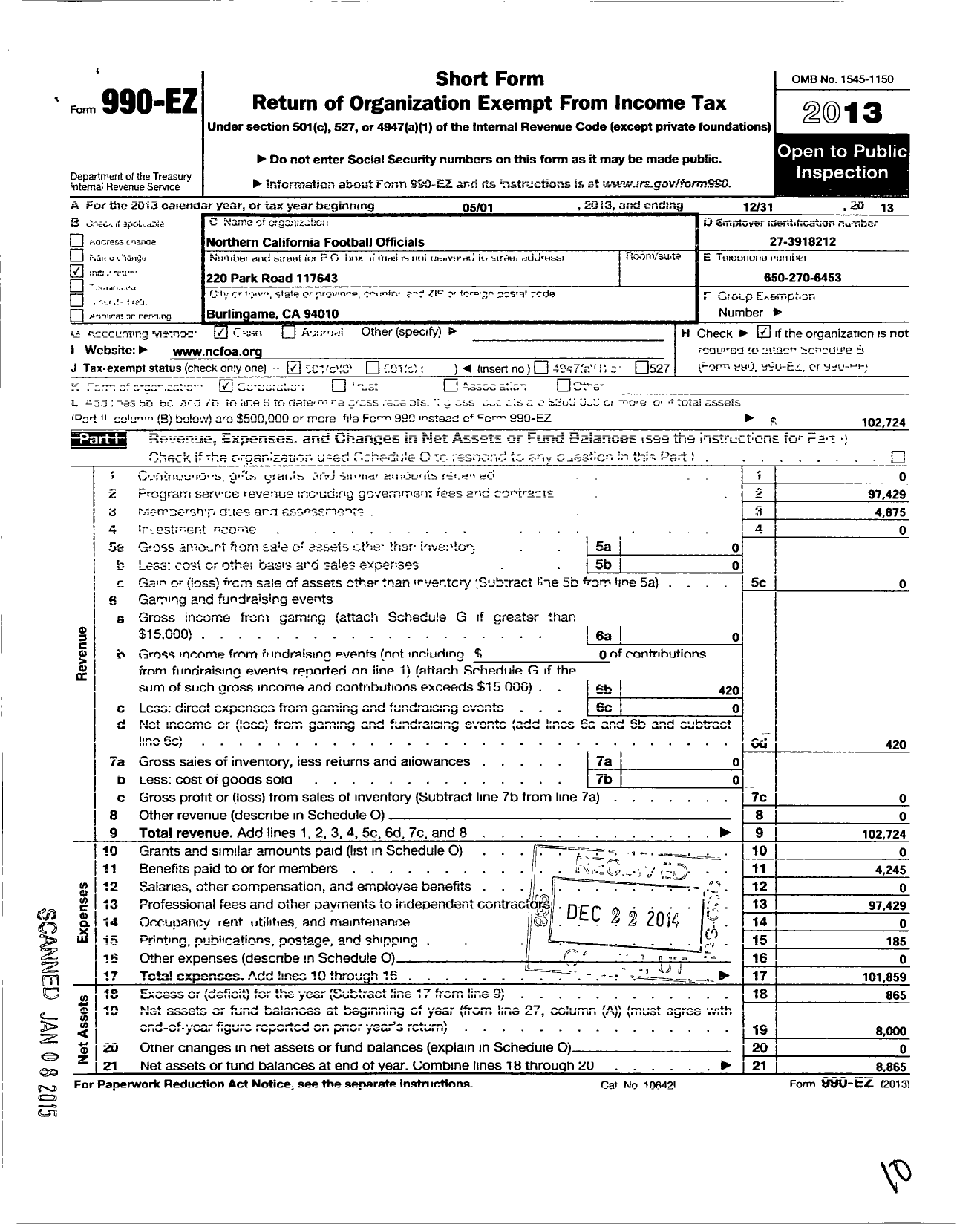 Image of first page of 2013 Form 990EZ for Northern California Football Officials Association