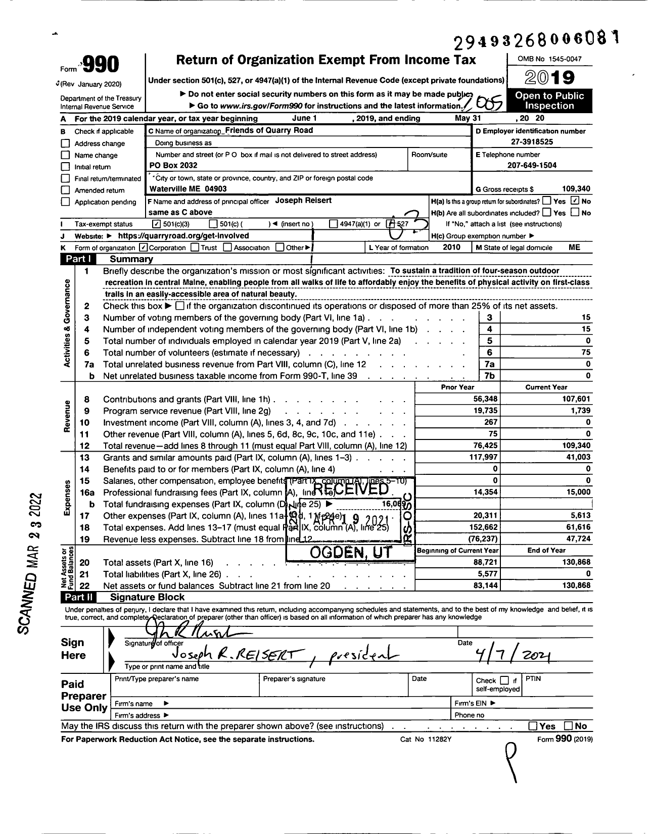 Image of first page of 2019 Form 990 for Friends of Quarry Road