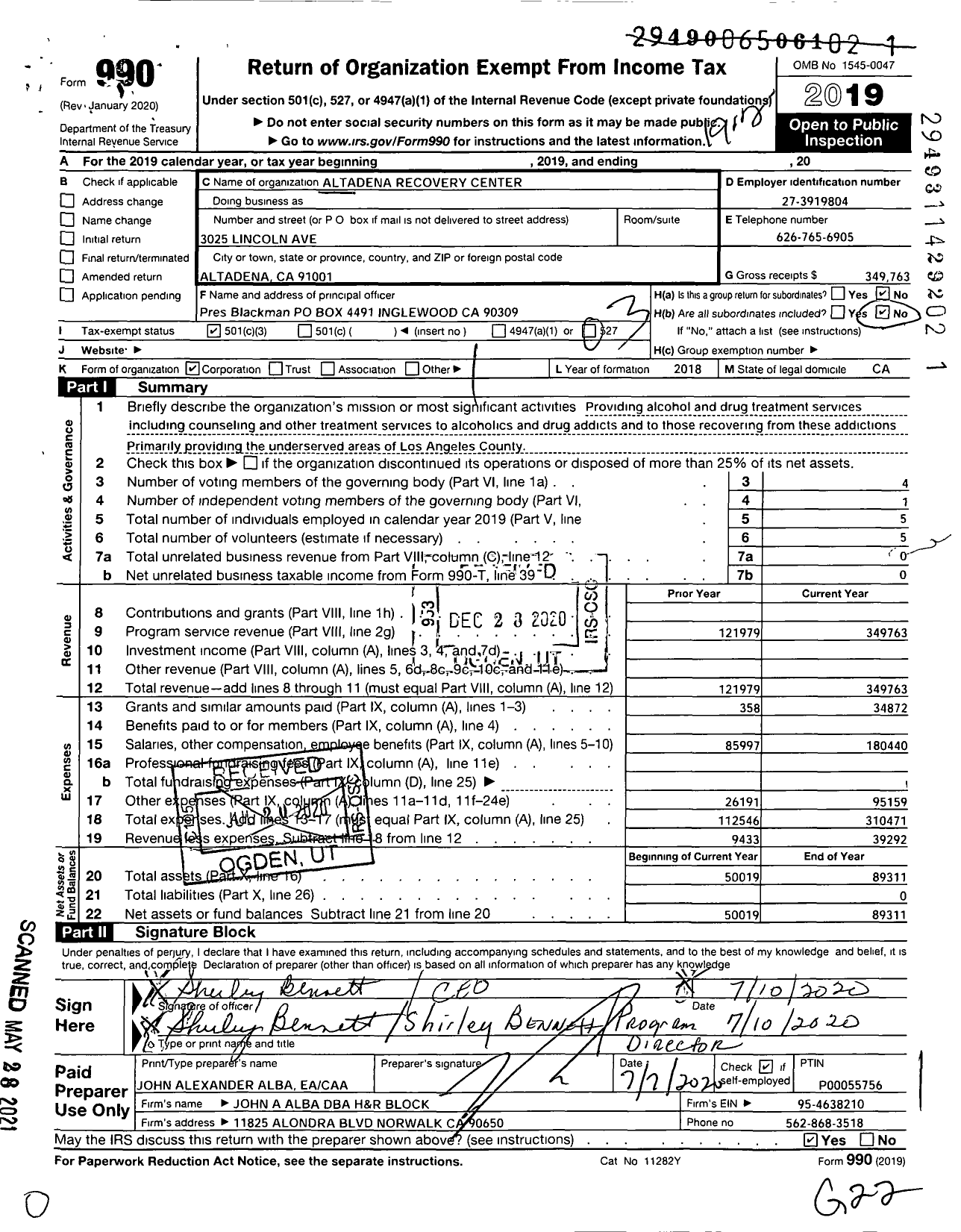 Image of first page of 2019 Form 990 for Altadena Recovery Center