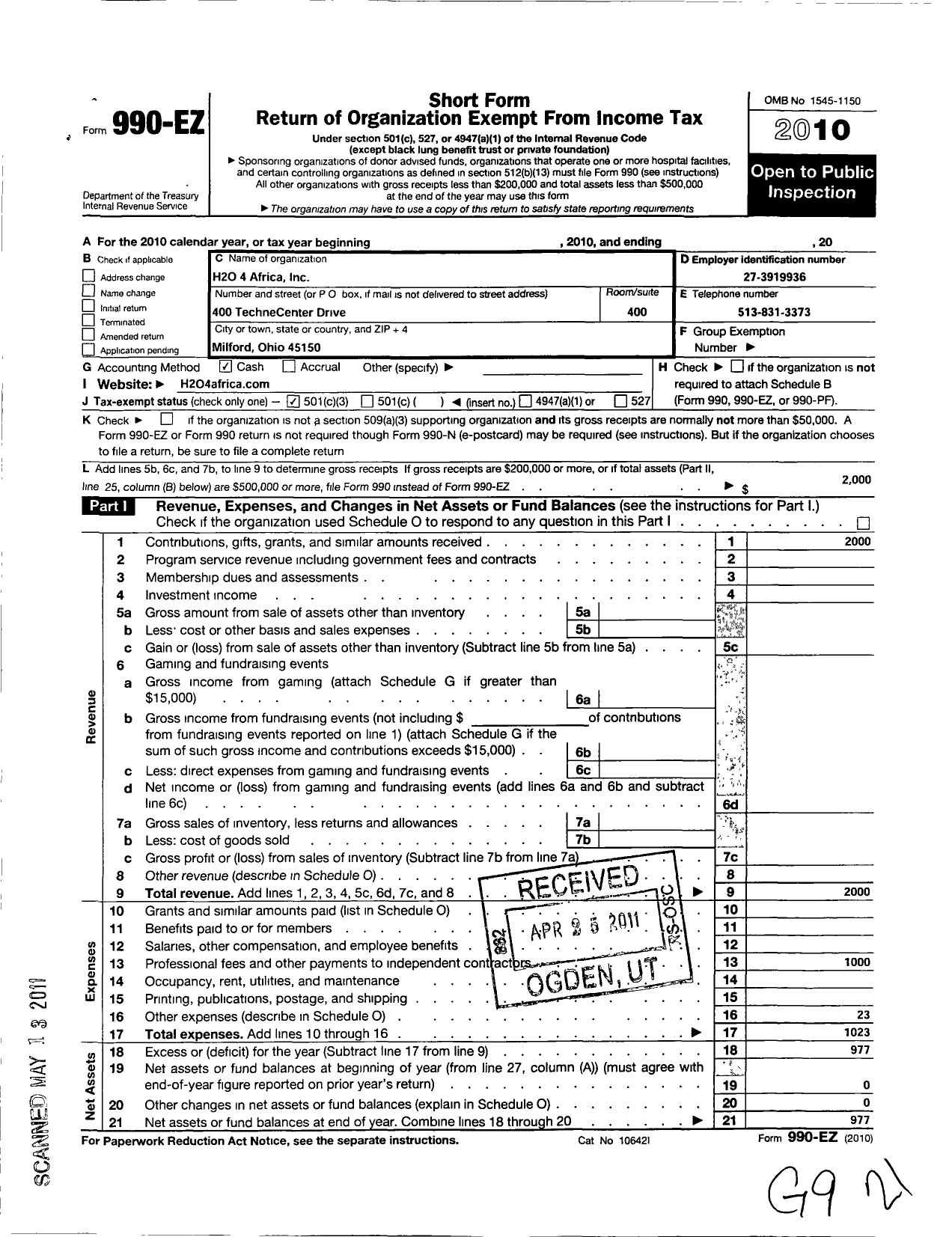 Image of first page of 2010 Form 990EZ for H20 4 Africa