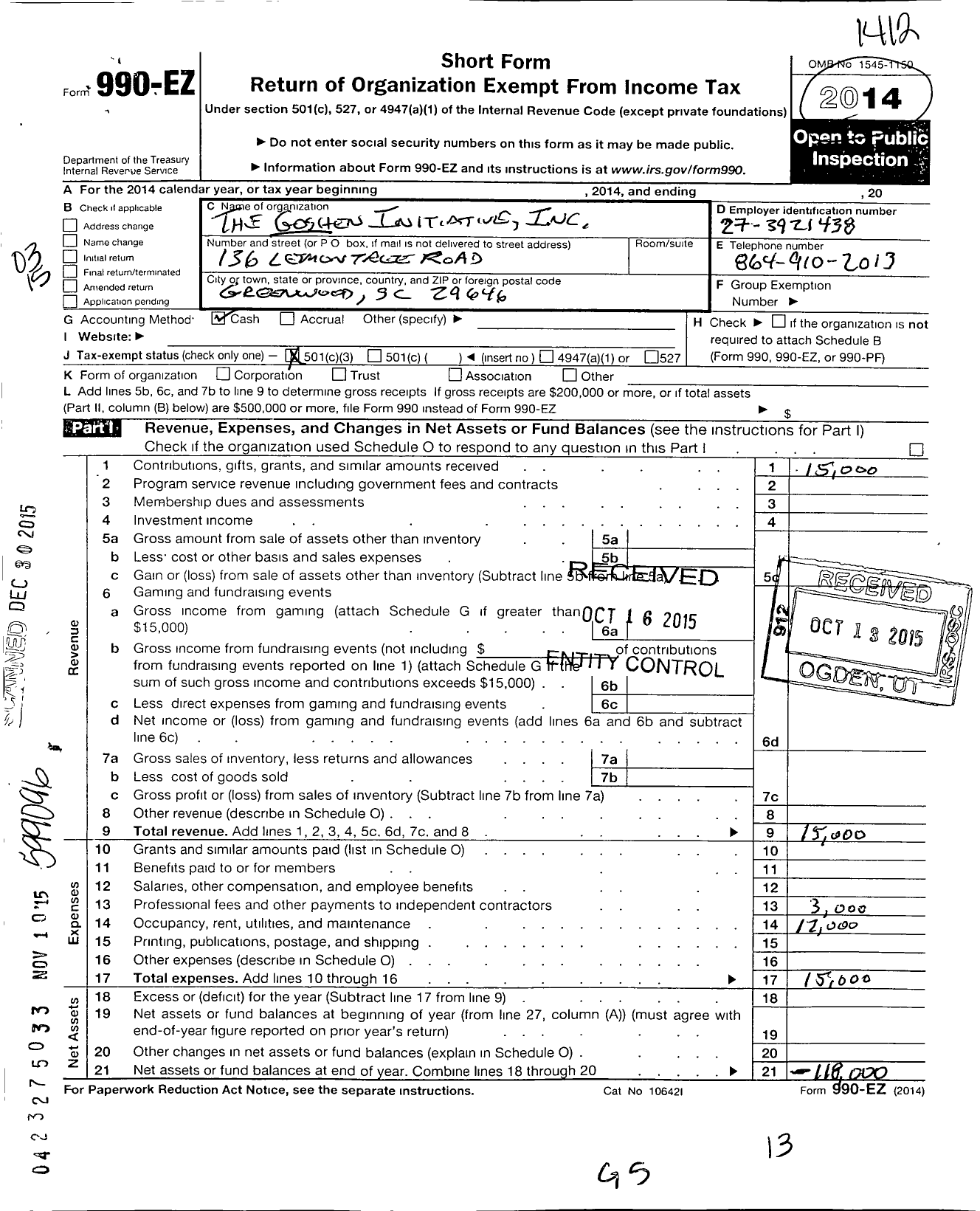 Image of first page of 2014 Form 990EZ for Goshen Initiative