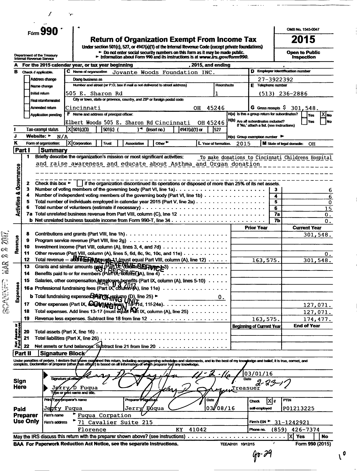 Image of first page of 2015 Form 990 for Jovante Woods Foundation