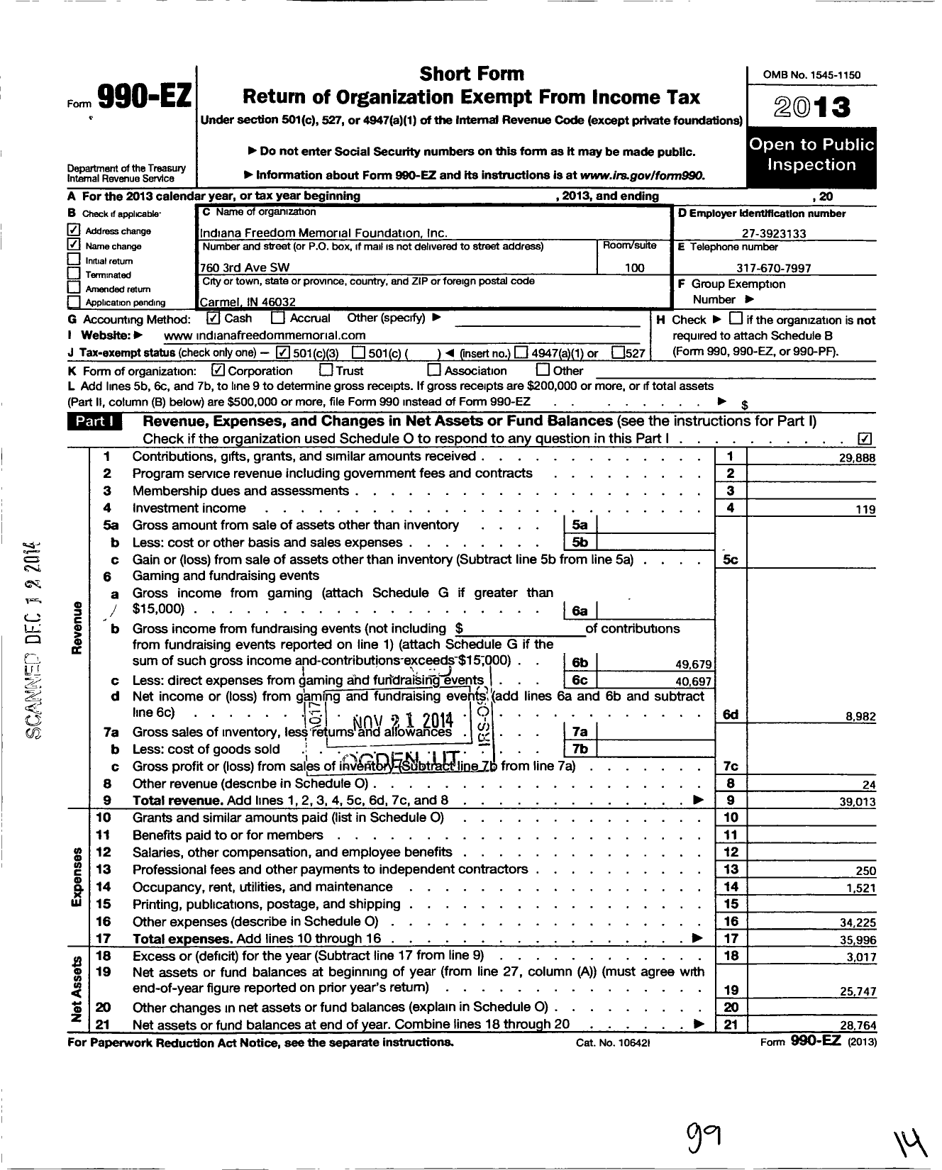 Image of first page of 2013 Form 990EZ for Indiana Freedom Memorial Foundation