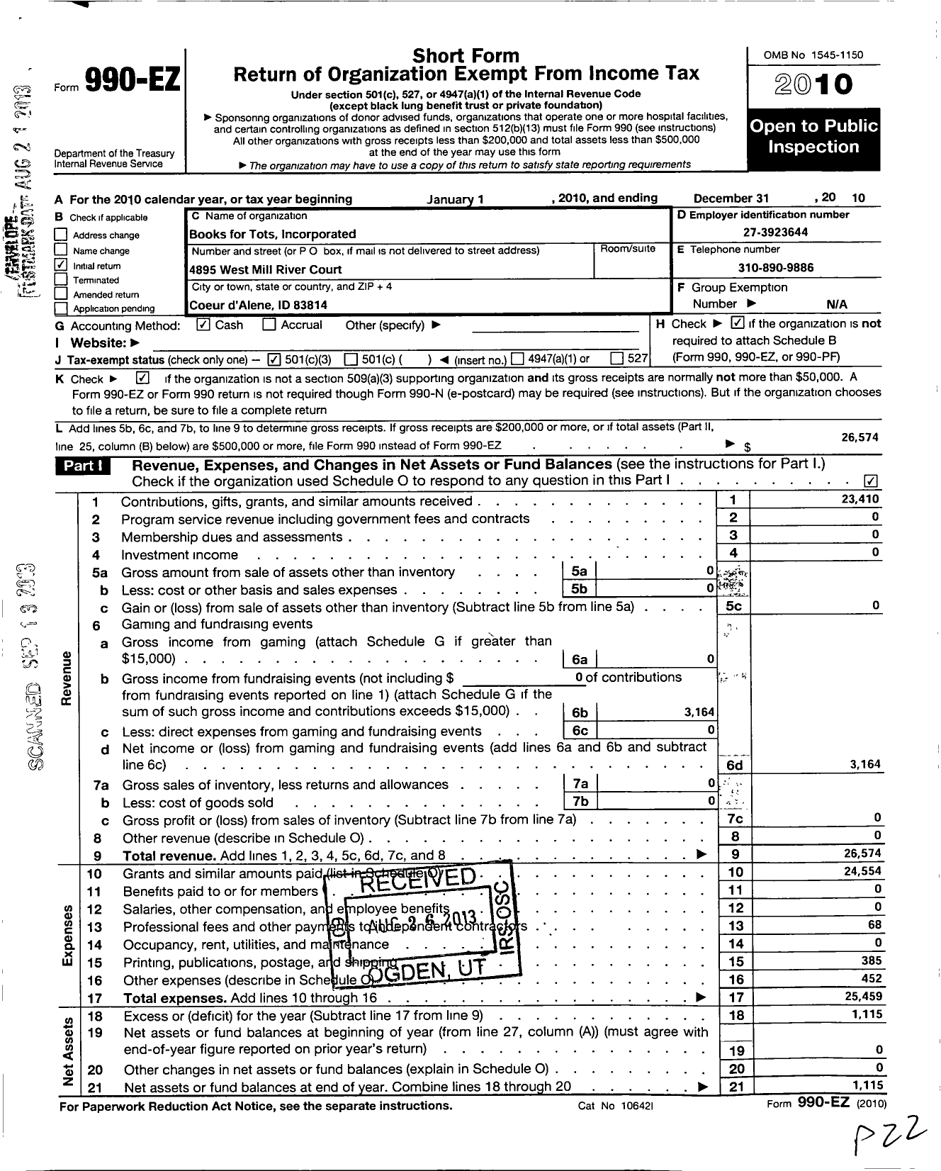 Image of first page of 2010 Form 990EZ for Books for Tots Incorporated