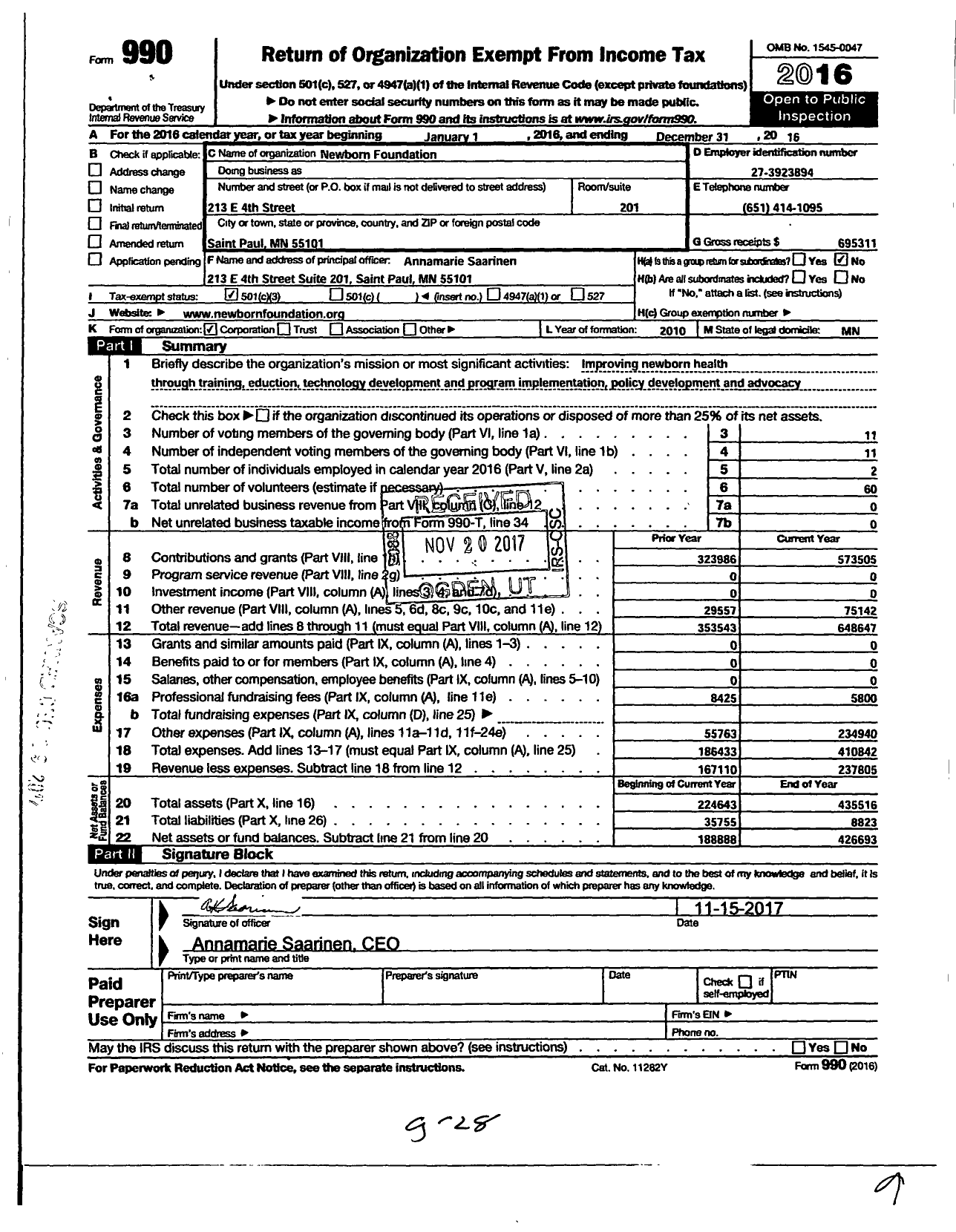 Image of first page of 2016 Form 990 for Newborn Foundation