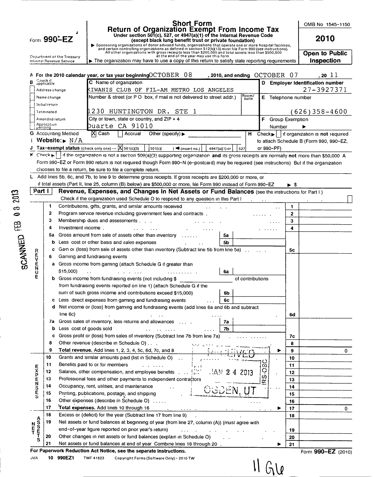 Image of first page of 2010 Form 990EZ for Kiwanis Club of Fil-Am Metro Los Angeles