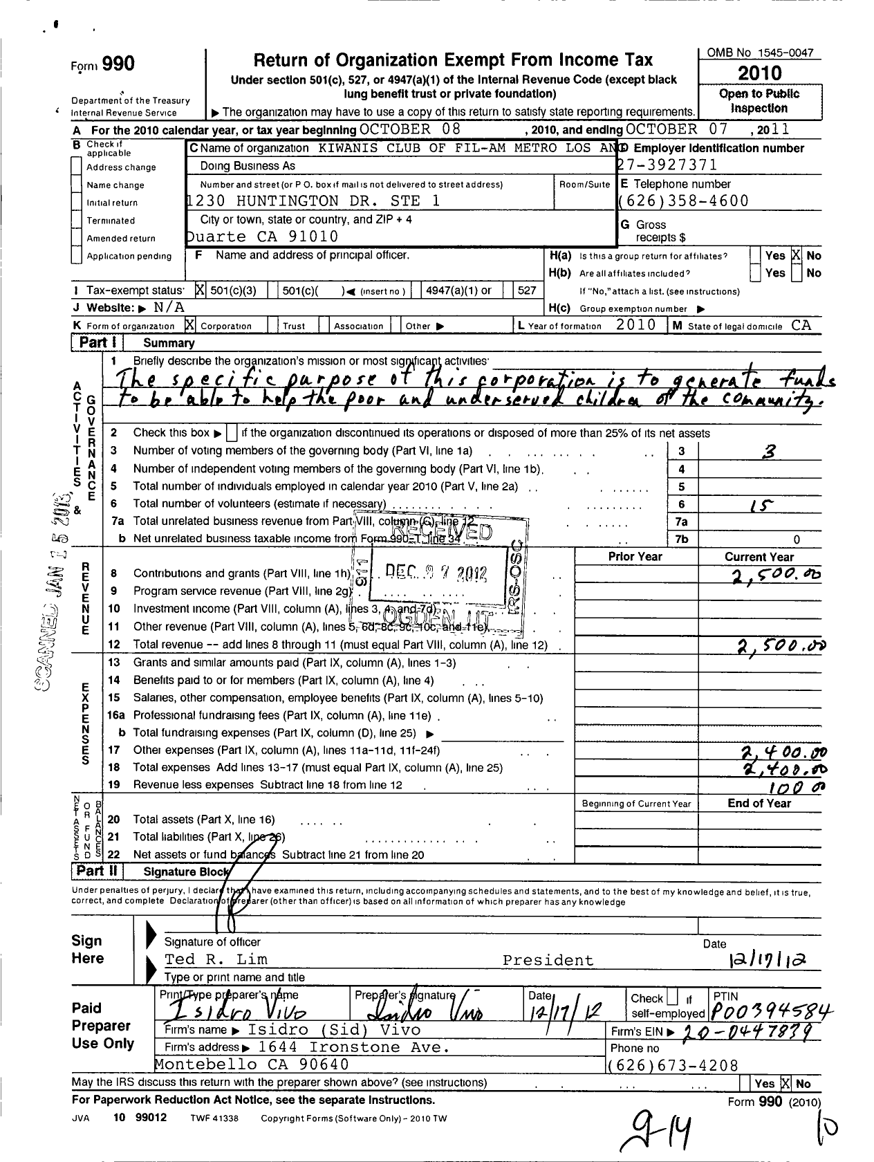 Image of first page of 2010 Form 990 for Kiwanis Club of Fil-Am Metro Los Angeles