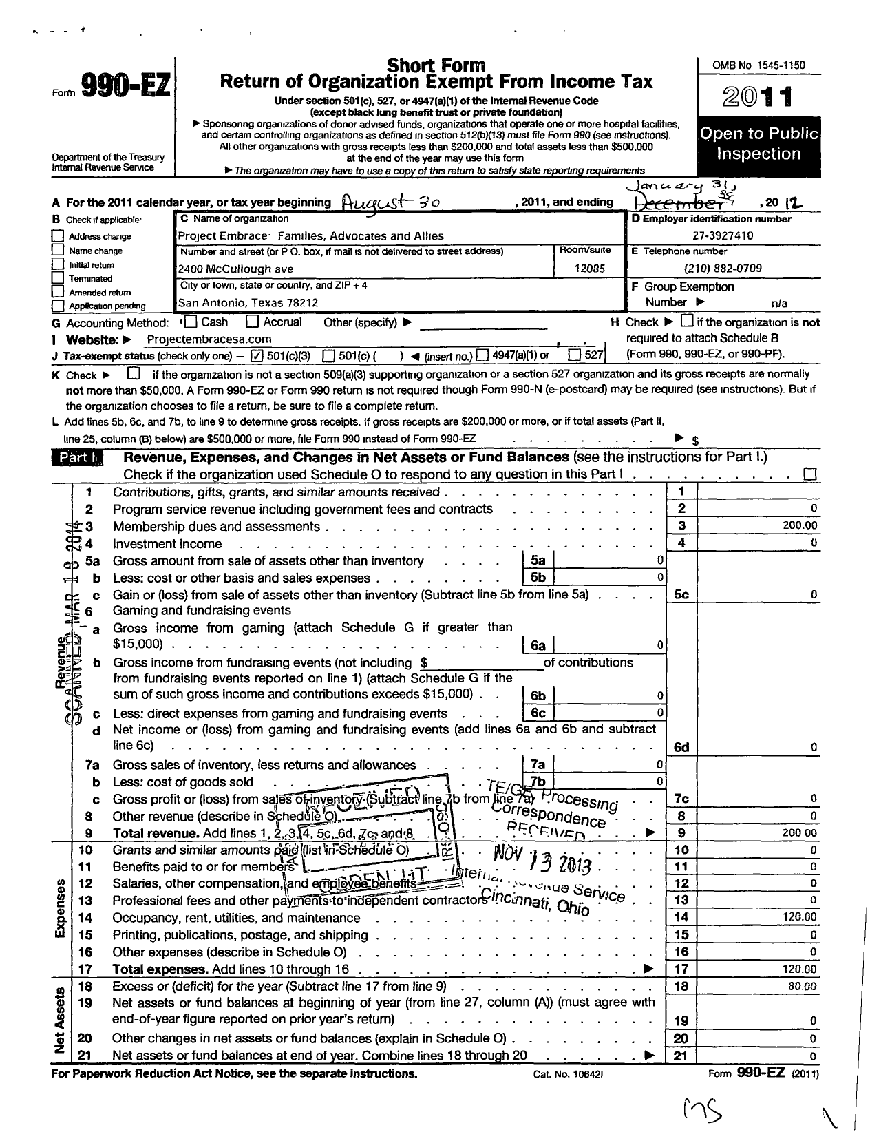 Image of first page of 2011 Form 990EZ for Project Embrace Families Advocates and Allies