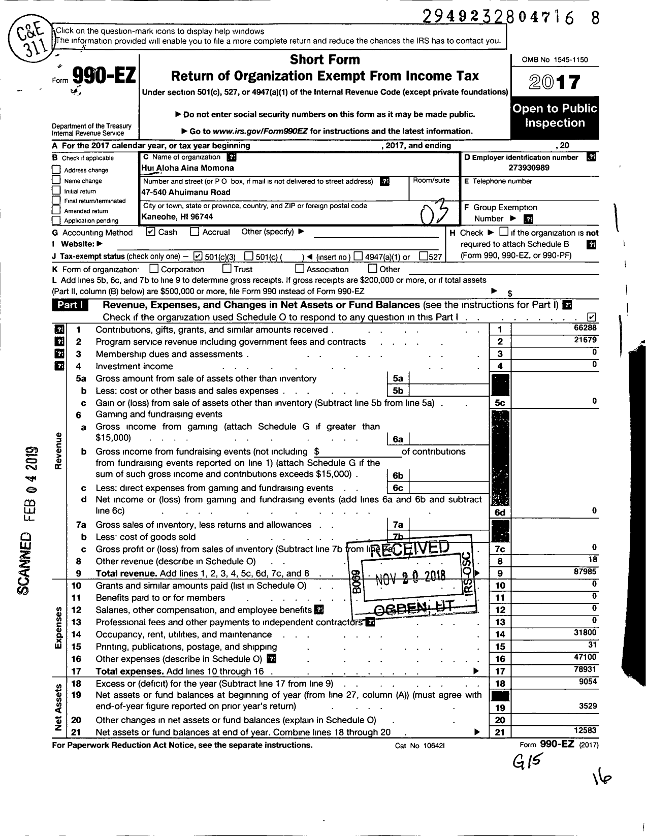 Image of first page of 2017 Form 990EZ for Hui Aloha Aina Momona