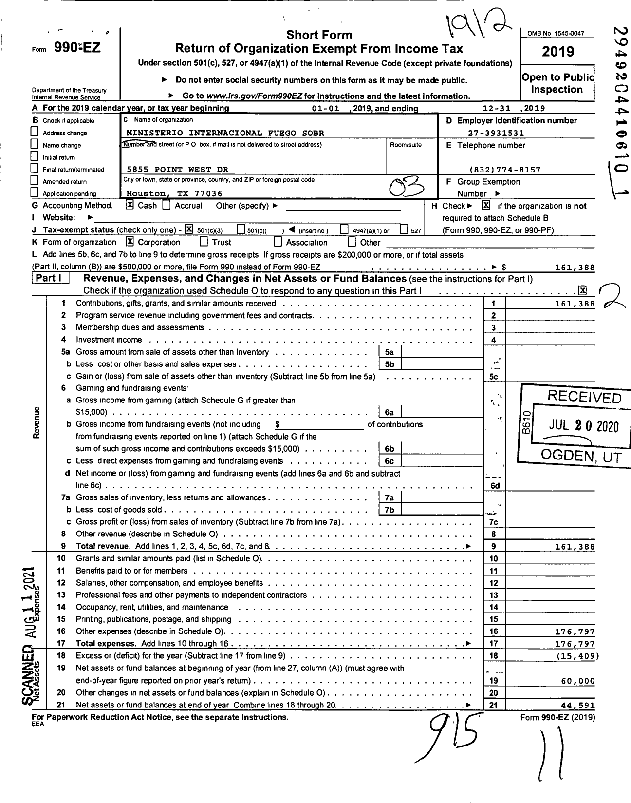 Image of first page of 2019 Form 990EZ for Ministerio Internacional Fuego Sobr