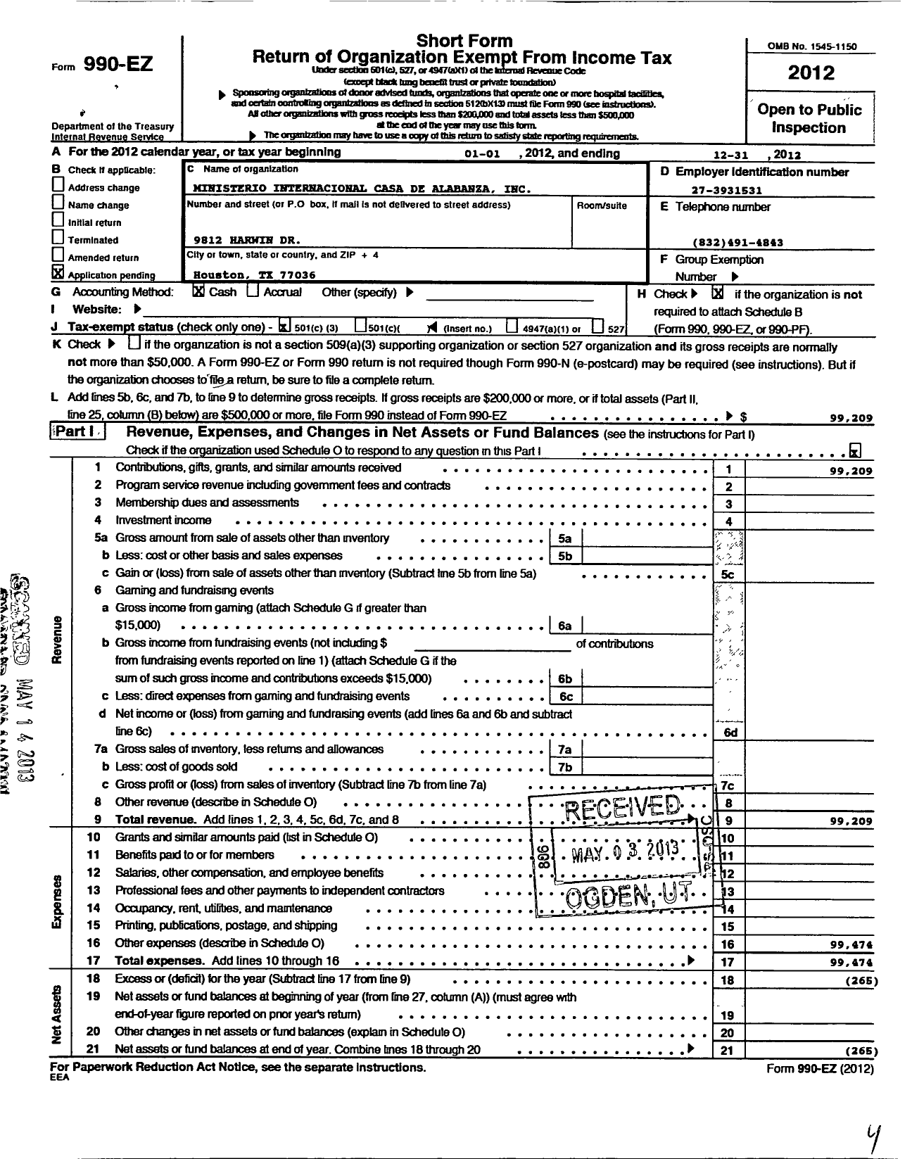 Image of first page of 2012 Form 990EZ for Ministerio Internacional Fuego Sobr