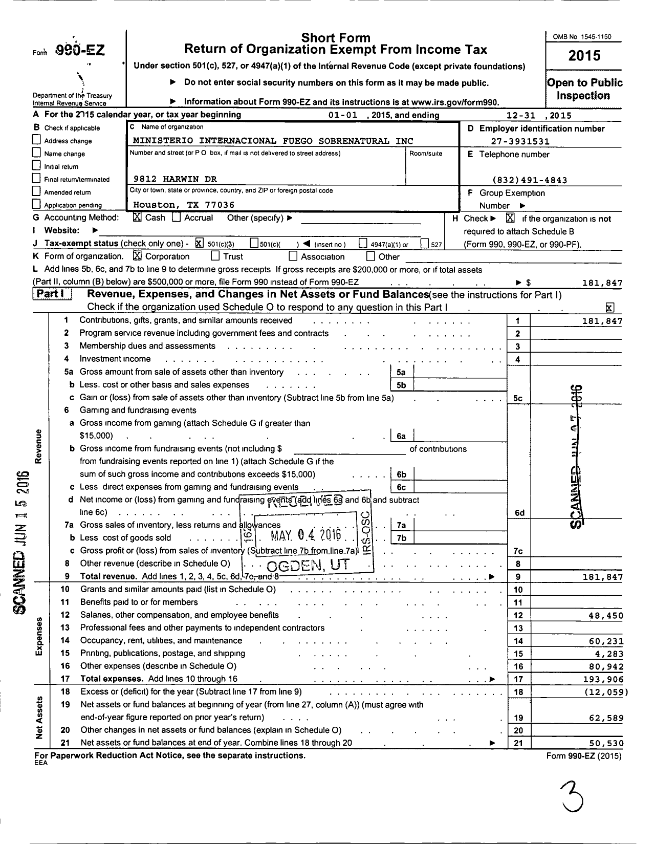 Image of first page of 2015 Form 990EZ for Ministerio Internacional Fuego Sobr