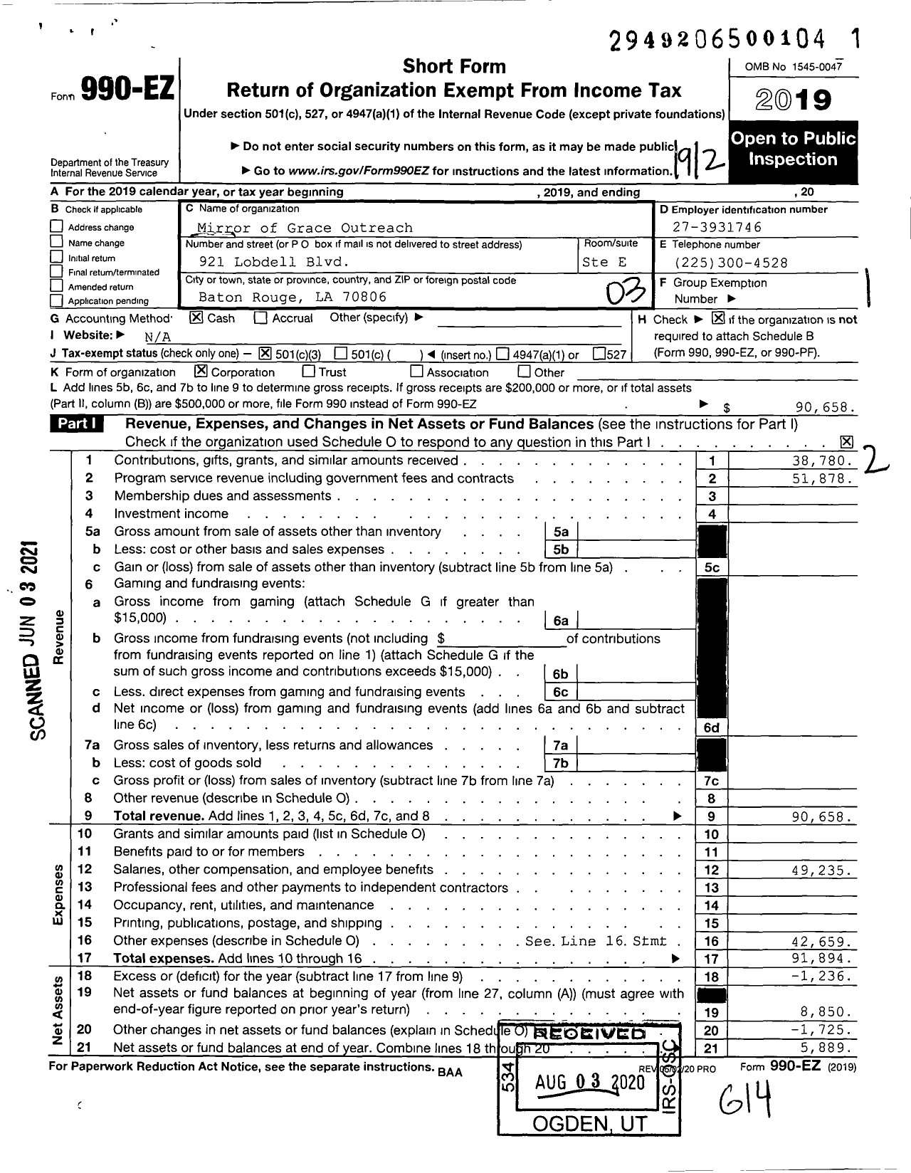 Image of first page of 2019 Form 990EZ for Mirror of Grace Outreach