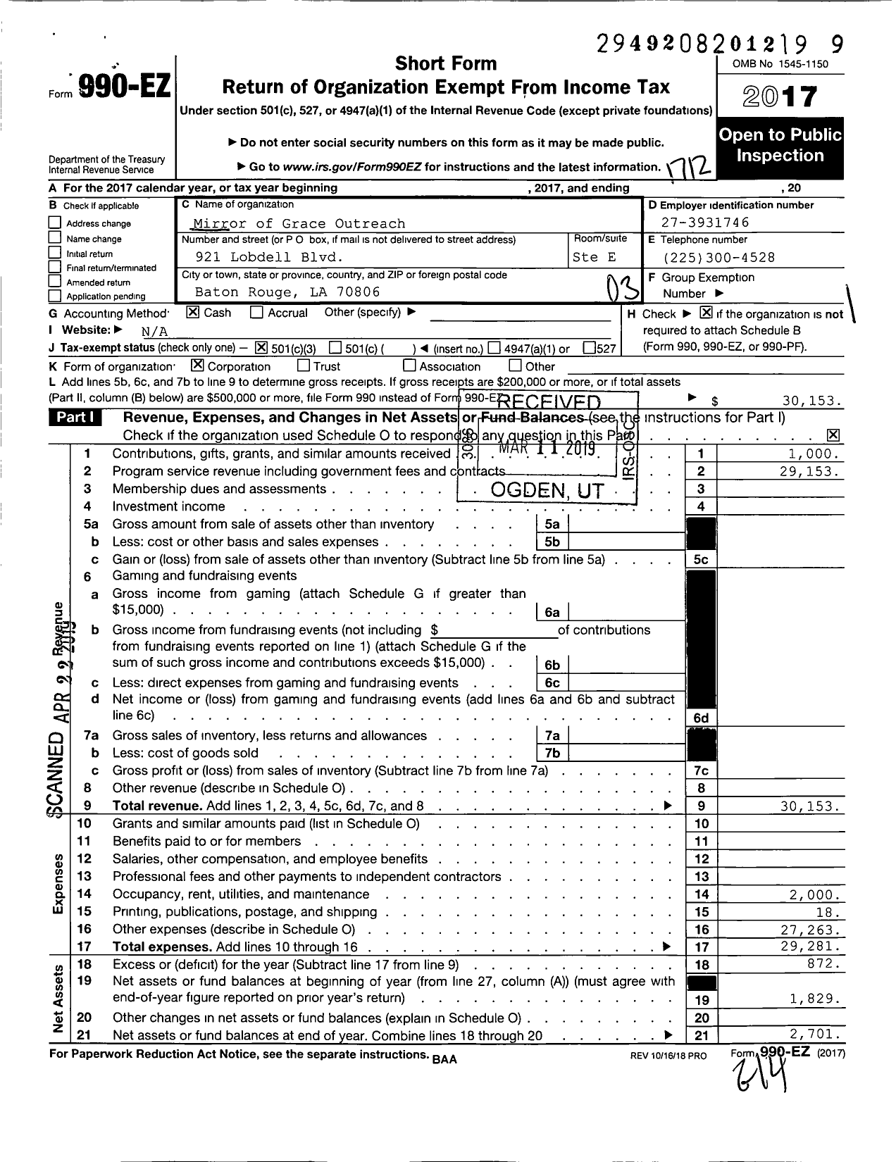 Image of first page of 2017 Form 990EZ for Mirror of Grace Outreach