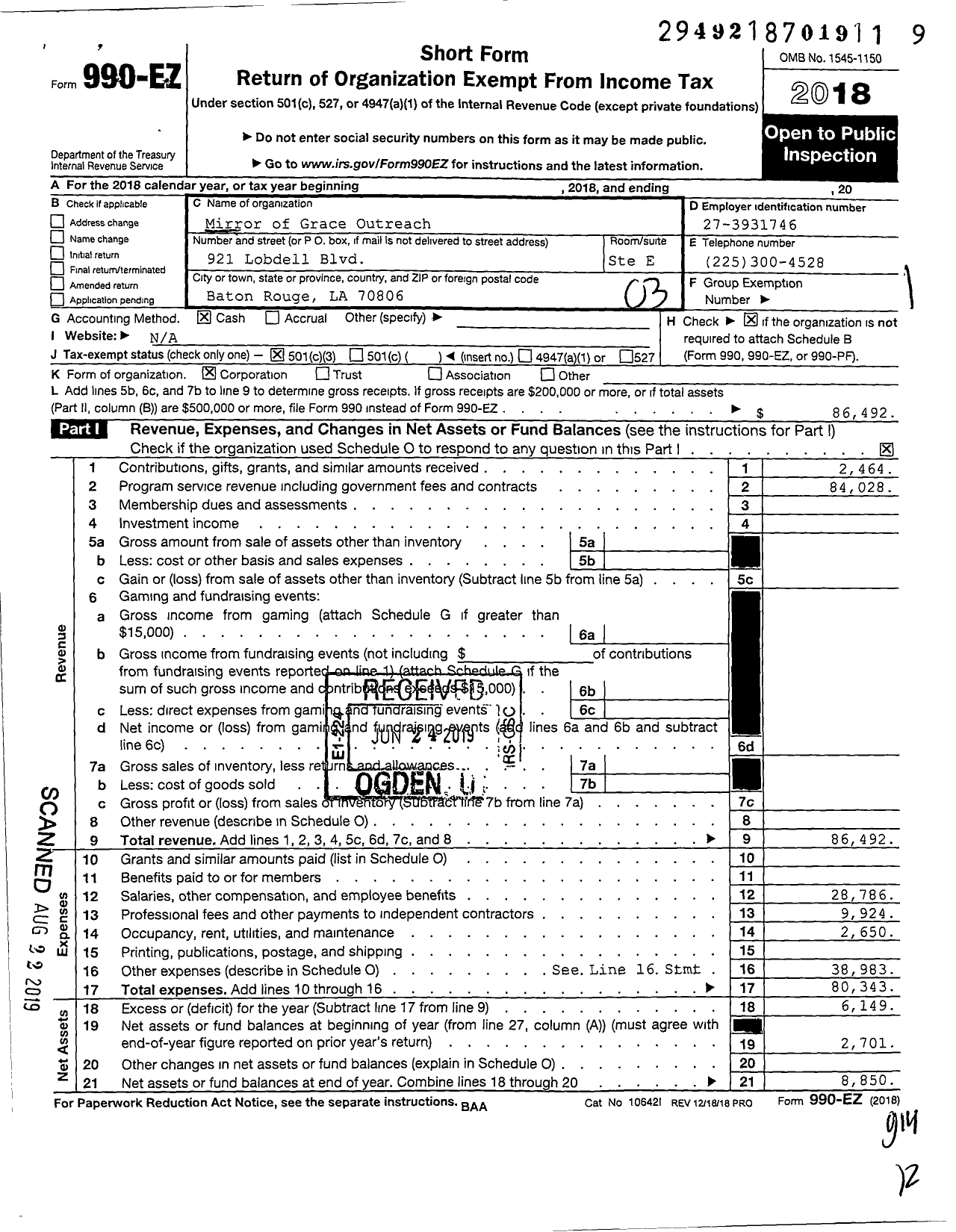 Image of first page of 2018 Form 990EZ for Mirror of Grace Outreach