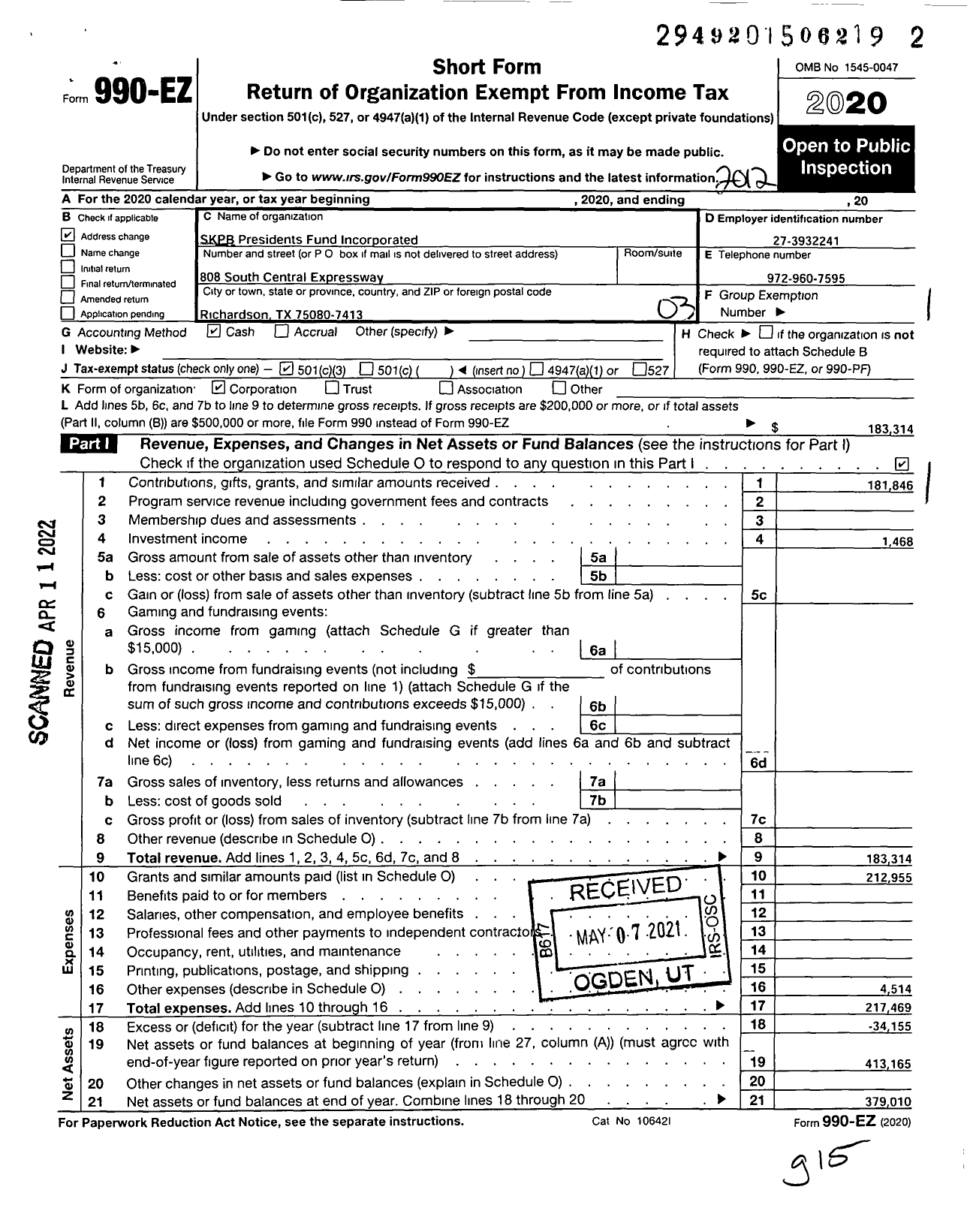 Image of first page of 2020 Form 990EZ for SKPB Presidents Fund Incorporated