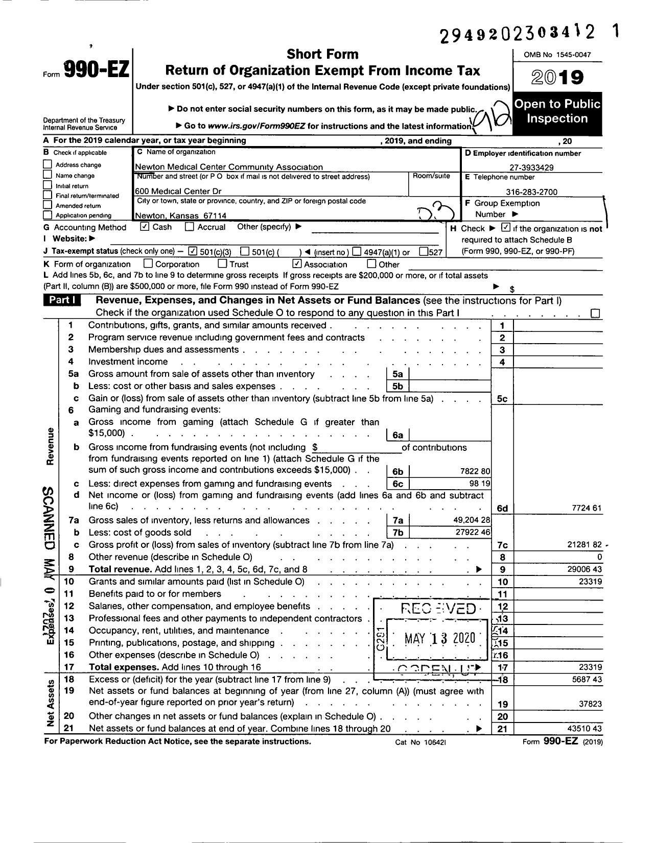 Image of first page of 2019 Form 990EZ for Newton Medical Center Community Association