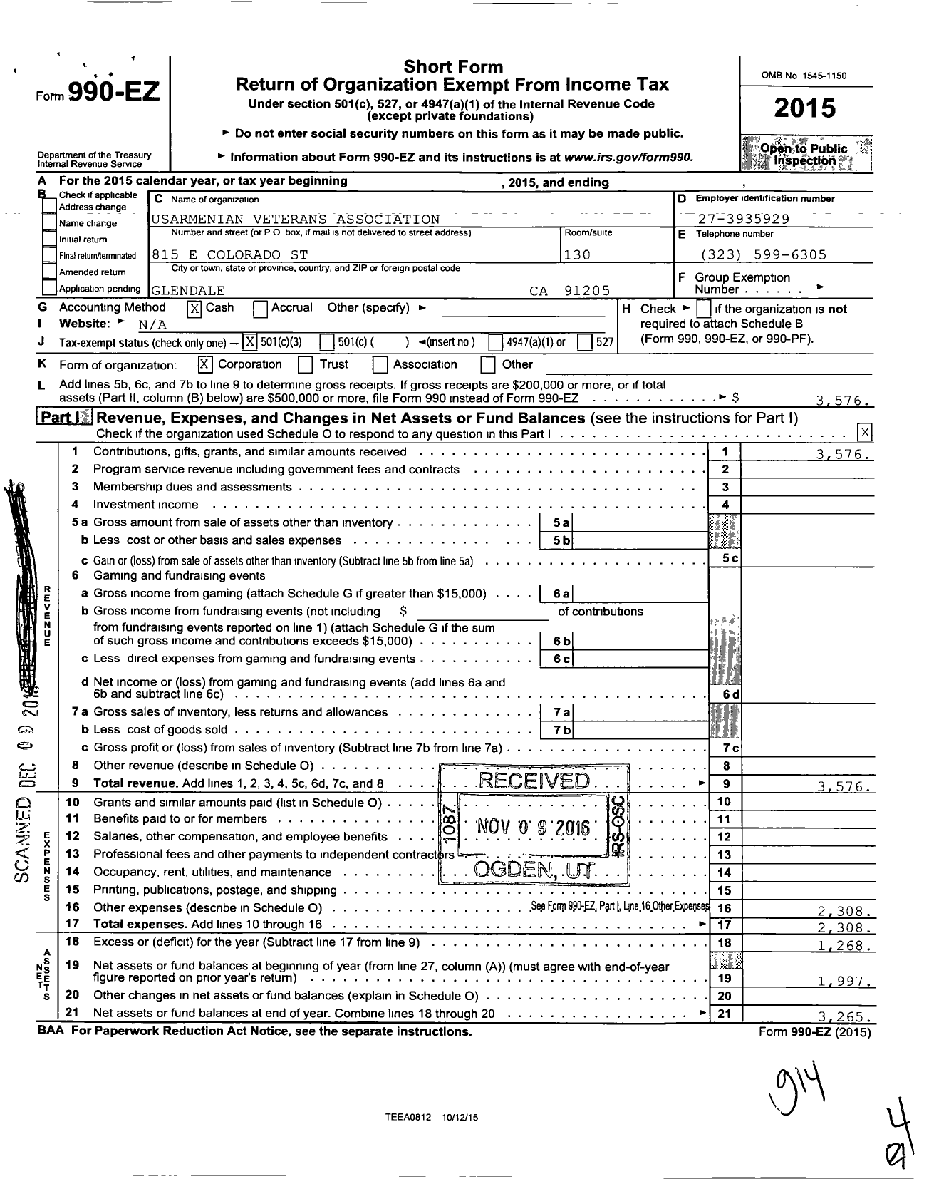 Image of first page of 2015 Form 990EZ for Usarmenian Veterans Association