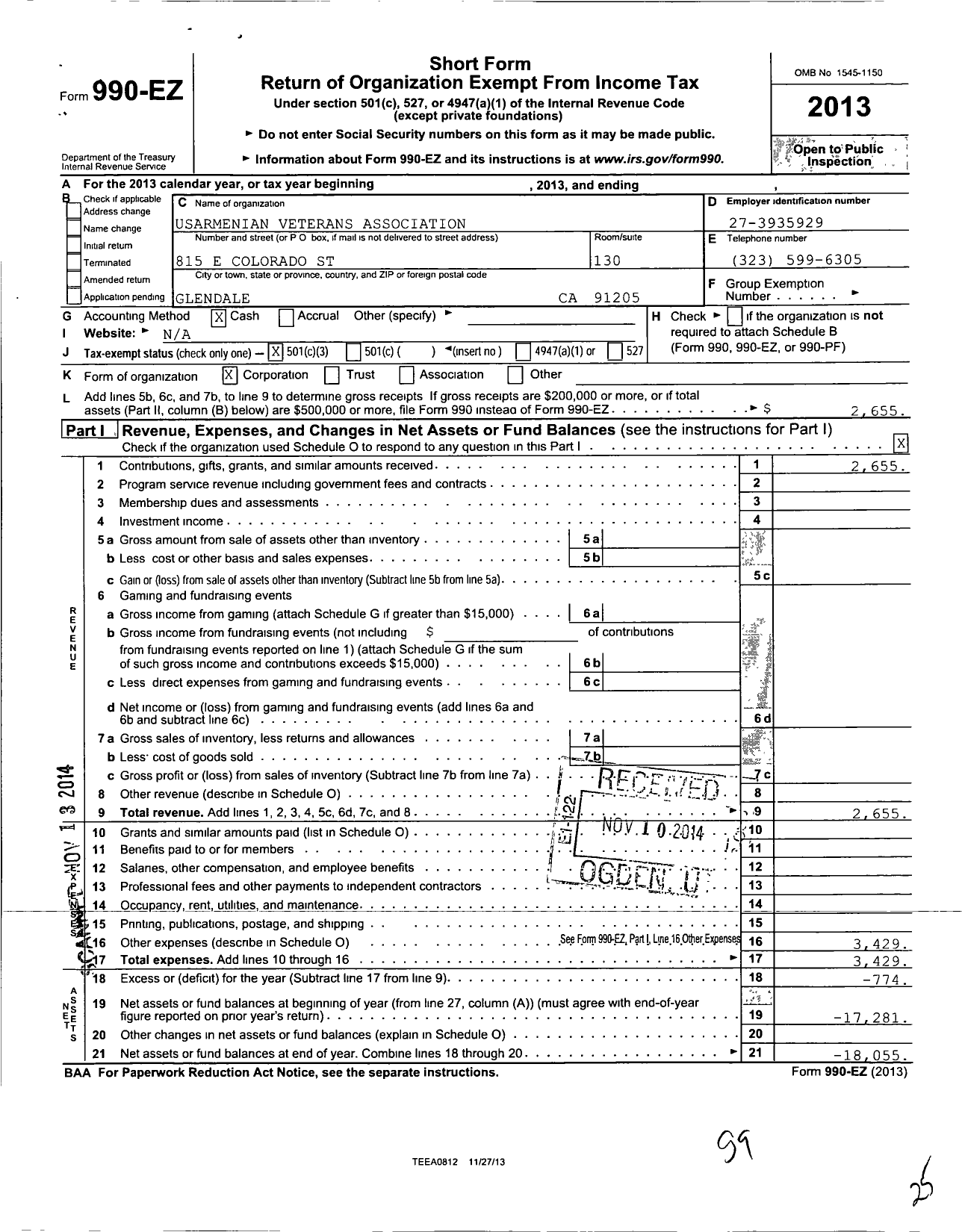 Image of first page of 2013 Form 990EZ for Usarmenian Veterans Association