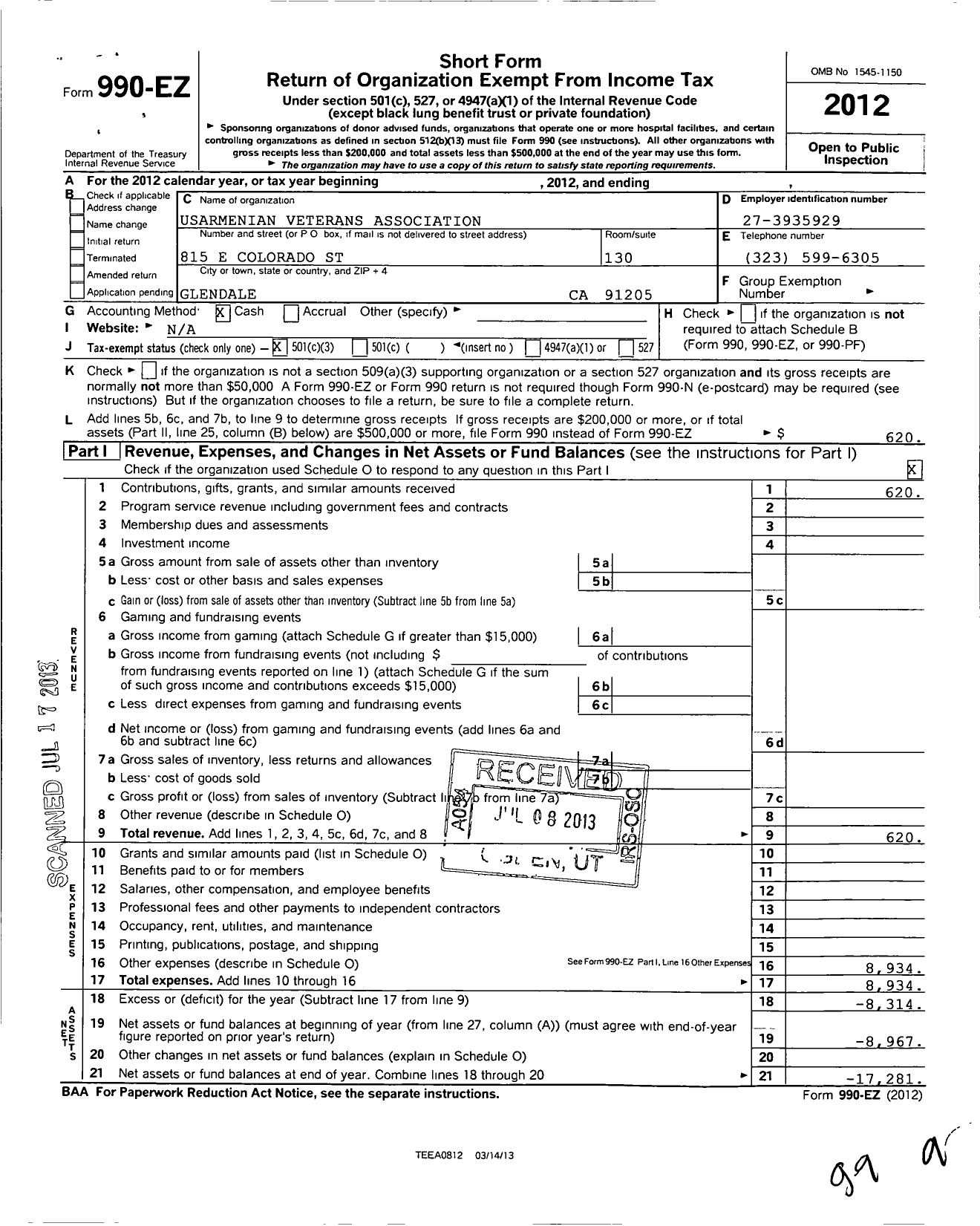 Image of first page of 2012 Form 990EZ for Usarmenian Veterans Association