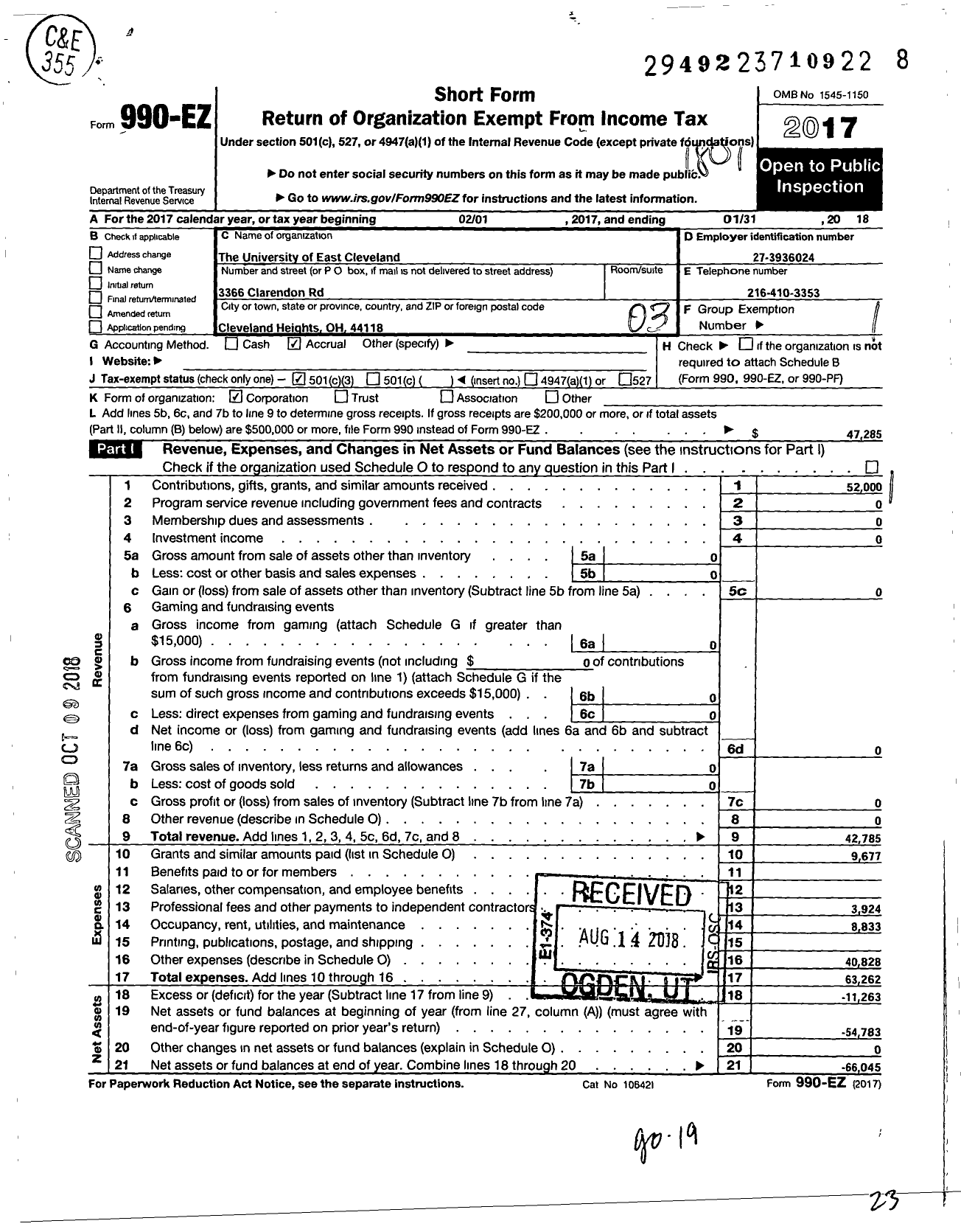 Image of first page of 2017 Form 990EZ for The University of East Cleveland