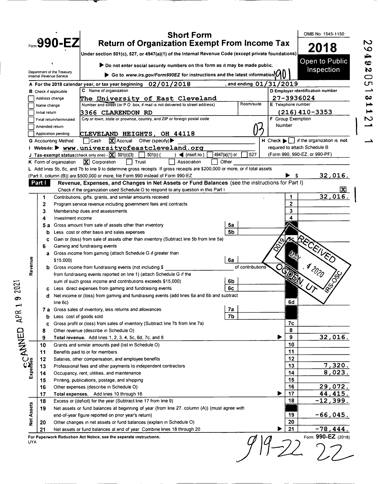 Image of first page of 2018 Form 990EZ for The University of East Cleveland