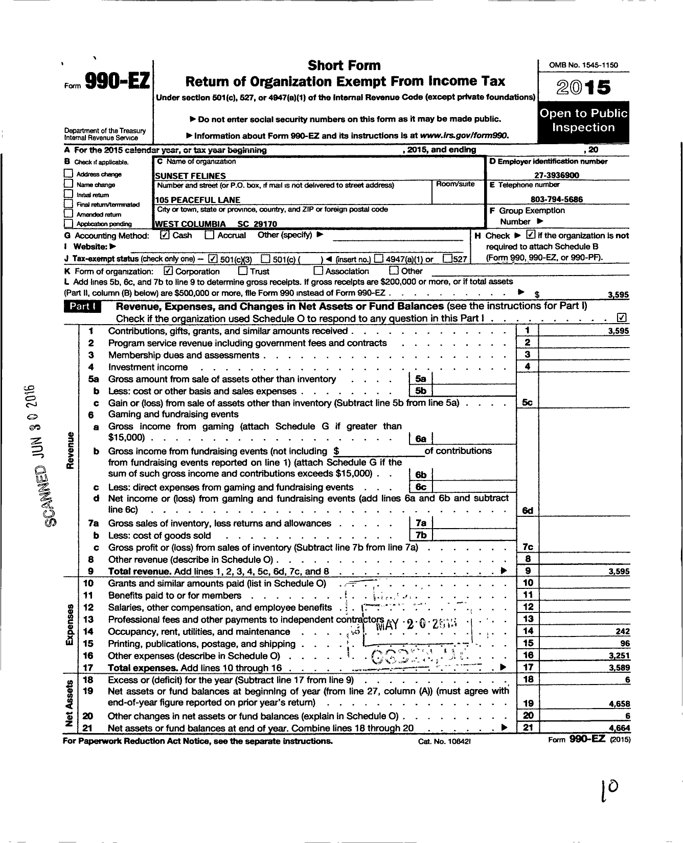 Image of first page of 2015 Form 990EZ for Sunset Felines