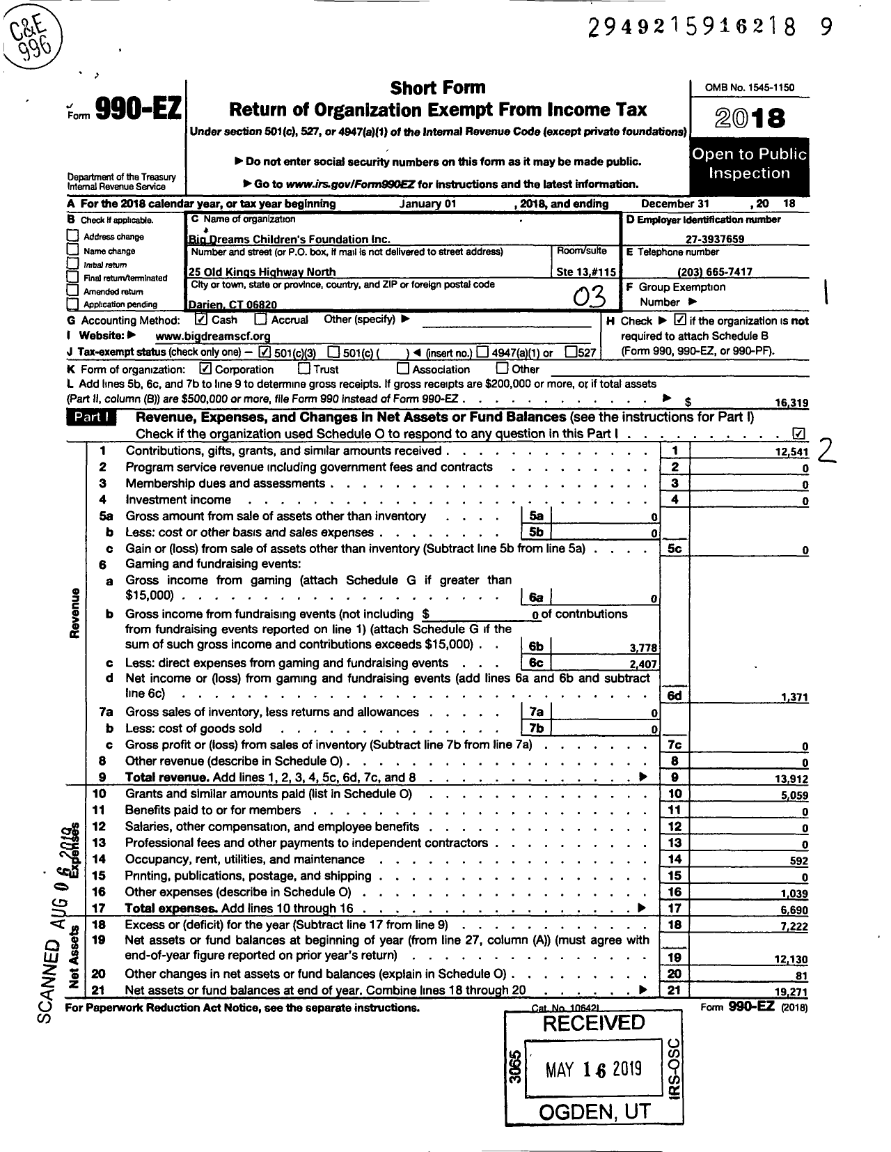 Image of first page of 2018 Form 990EZ for Big Dreams Childrens Foundation