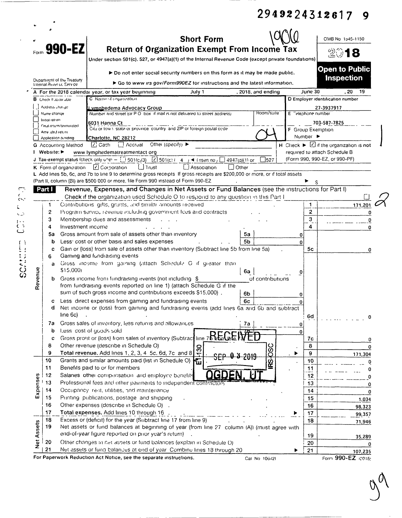 Image of first page of 2018 Form 990EO for Lymphedema Advocacy Group (LAG)