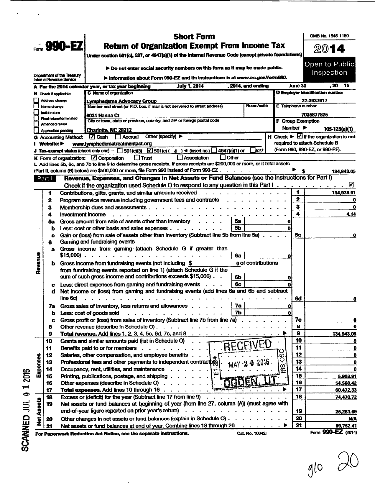 Image of first page of 2014 Form 990EO for Lymphedema Advocacy Group (LAG)