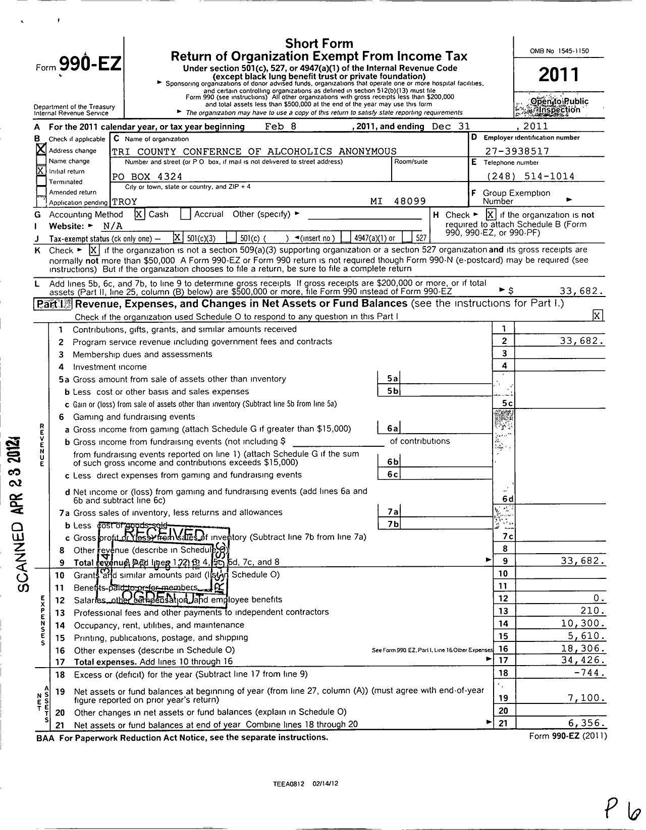 Image of first page of 2011 Form 990EZ for Tri County Conference of Alcoholics Anonymous