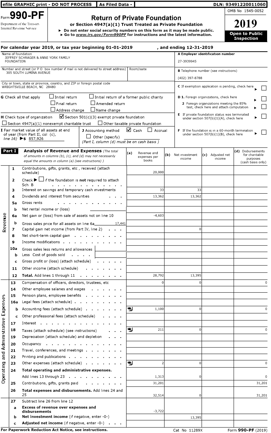 Image of first page of 2019 Form 990PR for Jeffrey Schrager and Anne York Family Foundation