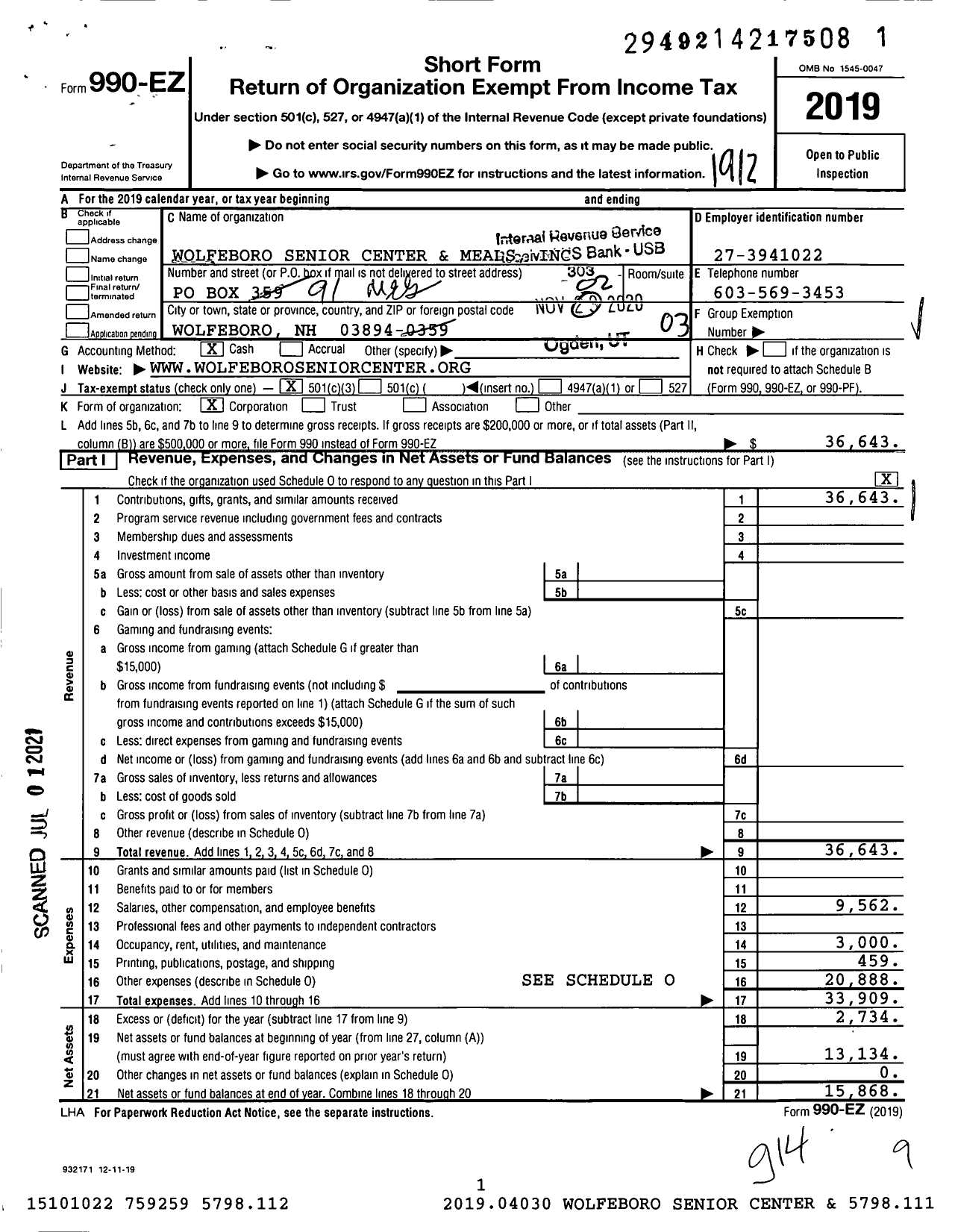 Image of first page of 2019 Form 990EZ for Wolfeboro Senior Center and Meals