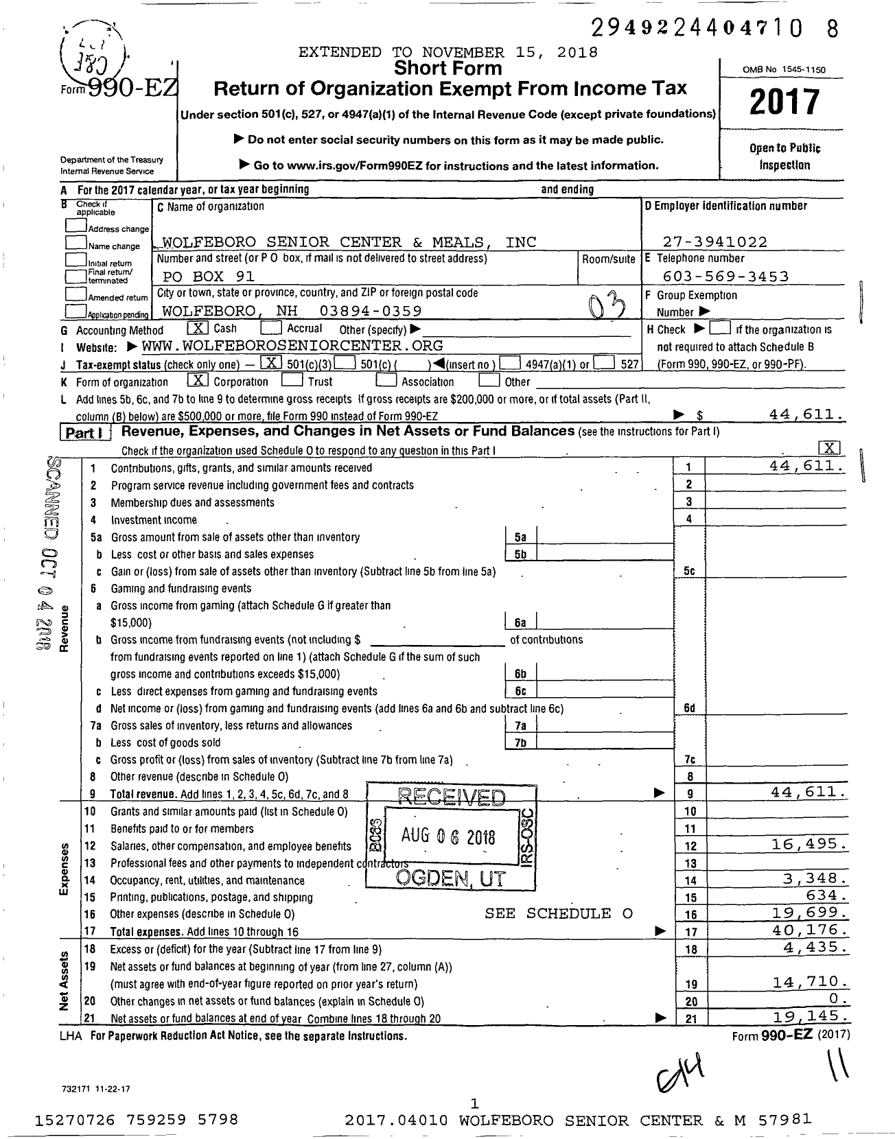 Image of first page of 2017 Form 990EZ for Wolfeboro Senior Center and Meals