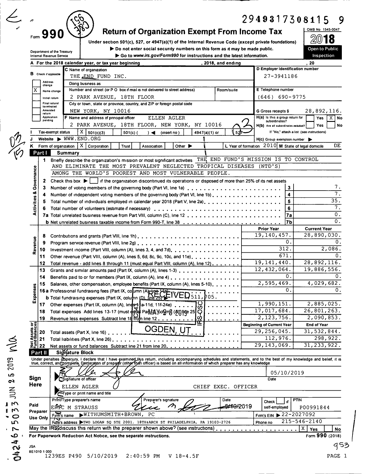 Image of first page of 2018 Form 990 for The End Fund
