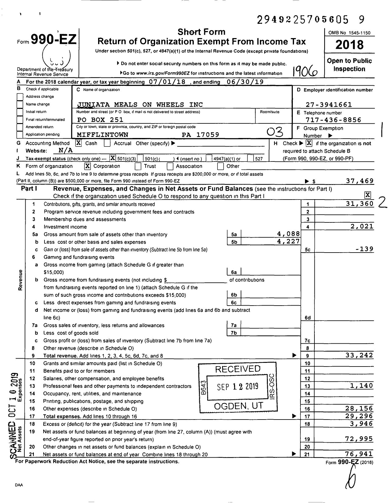 Image of first page of 2018 Form 990EZ for Juniata Meals on Wheels