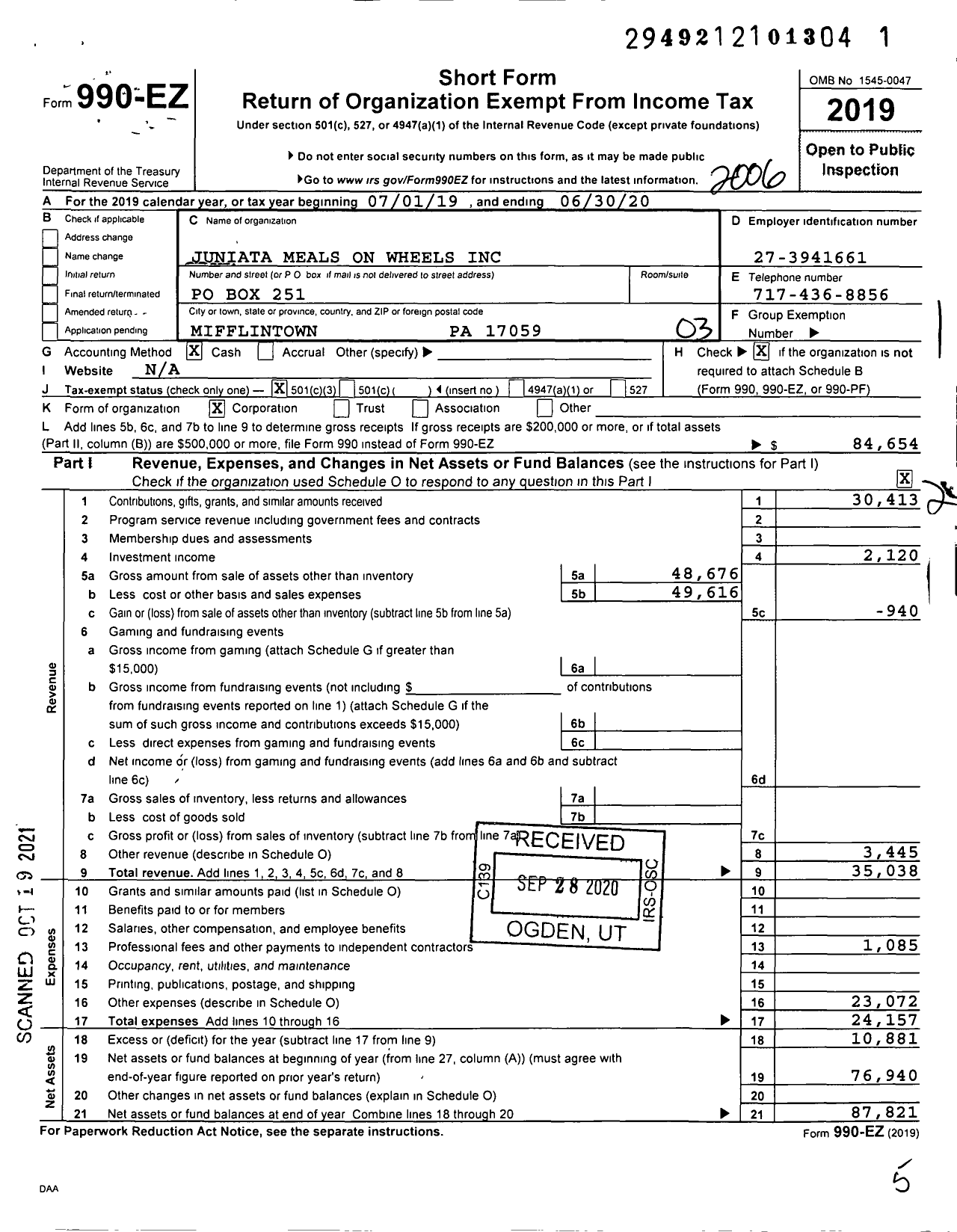 Image of first page of 2019 Form 990EZ for Juniata Meals on Wheels