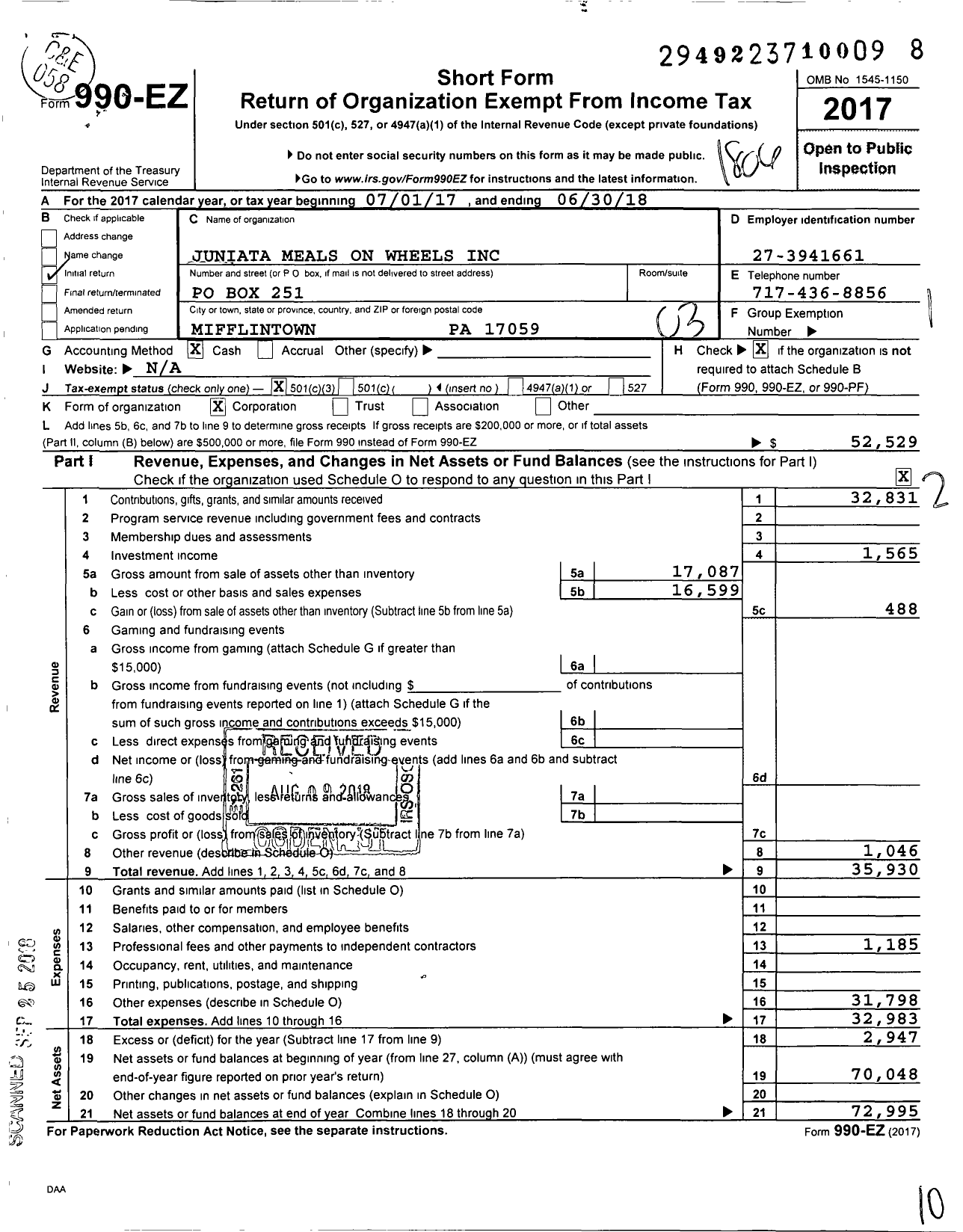 Image of first page of 2017 Form 990EZ for Juniata Meals on Wheels