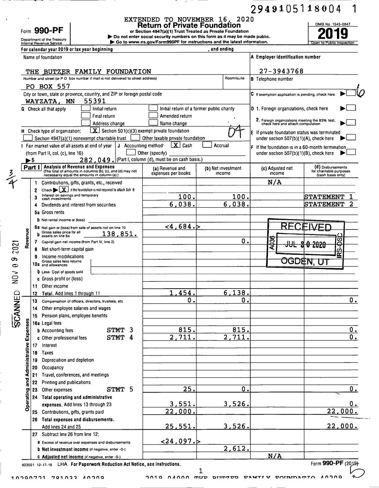 Image of first page of 2019 Form 990PF for The Butzer Family Foundation