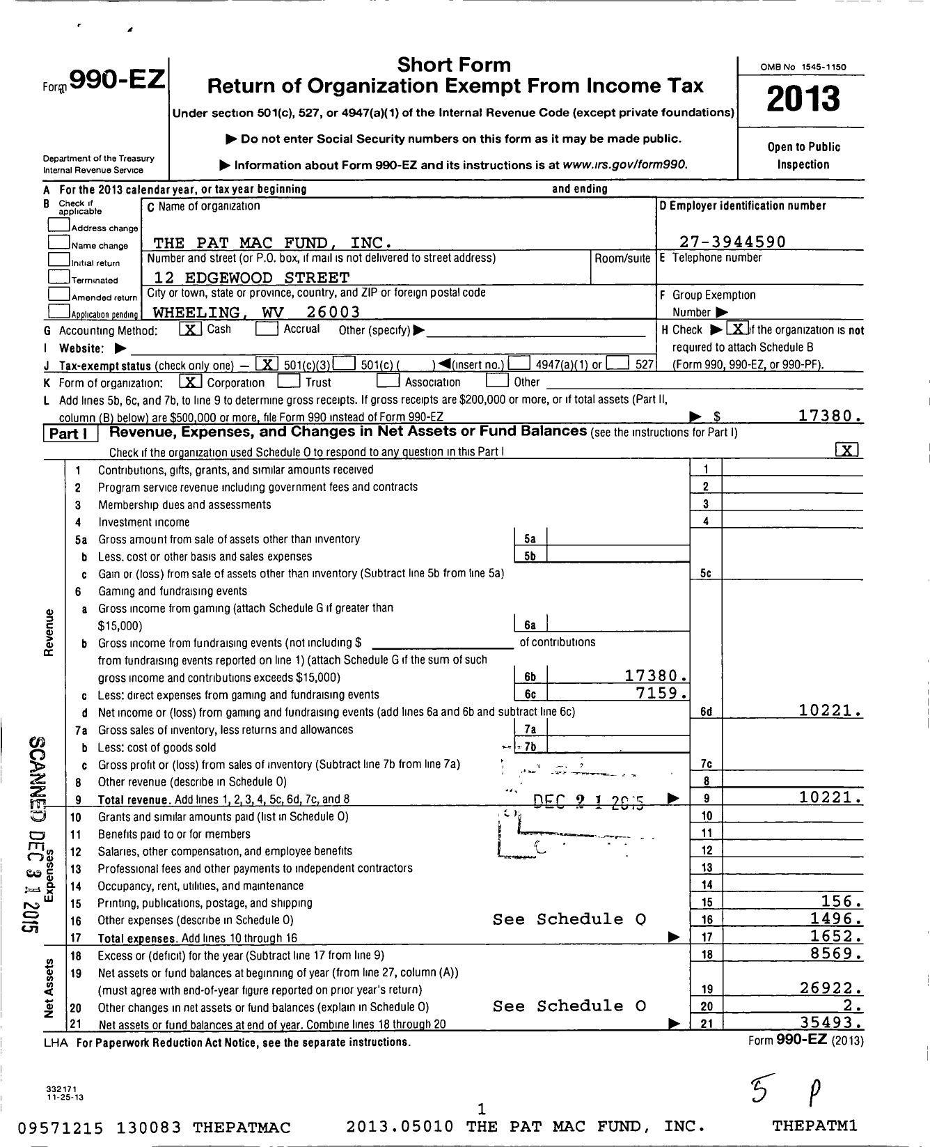 Image of first page of 2013 Form 990EZ for Pat Mac Fund