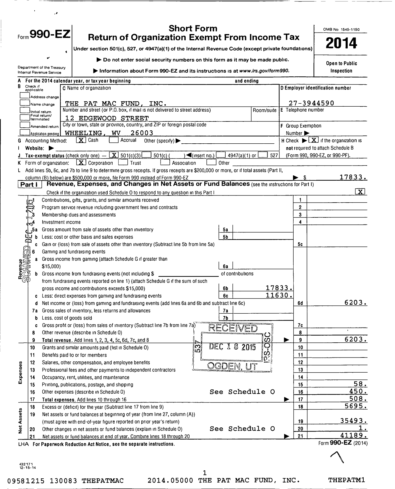 Image of first page of 2014 Form 990EZ for Pat Mac Fund