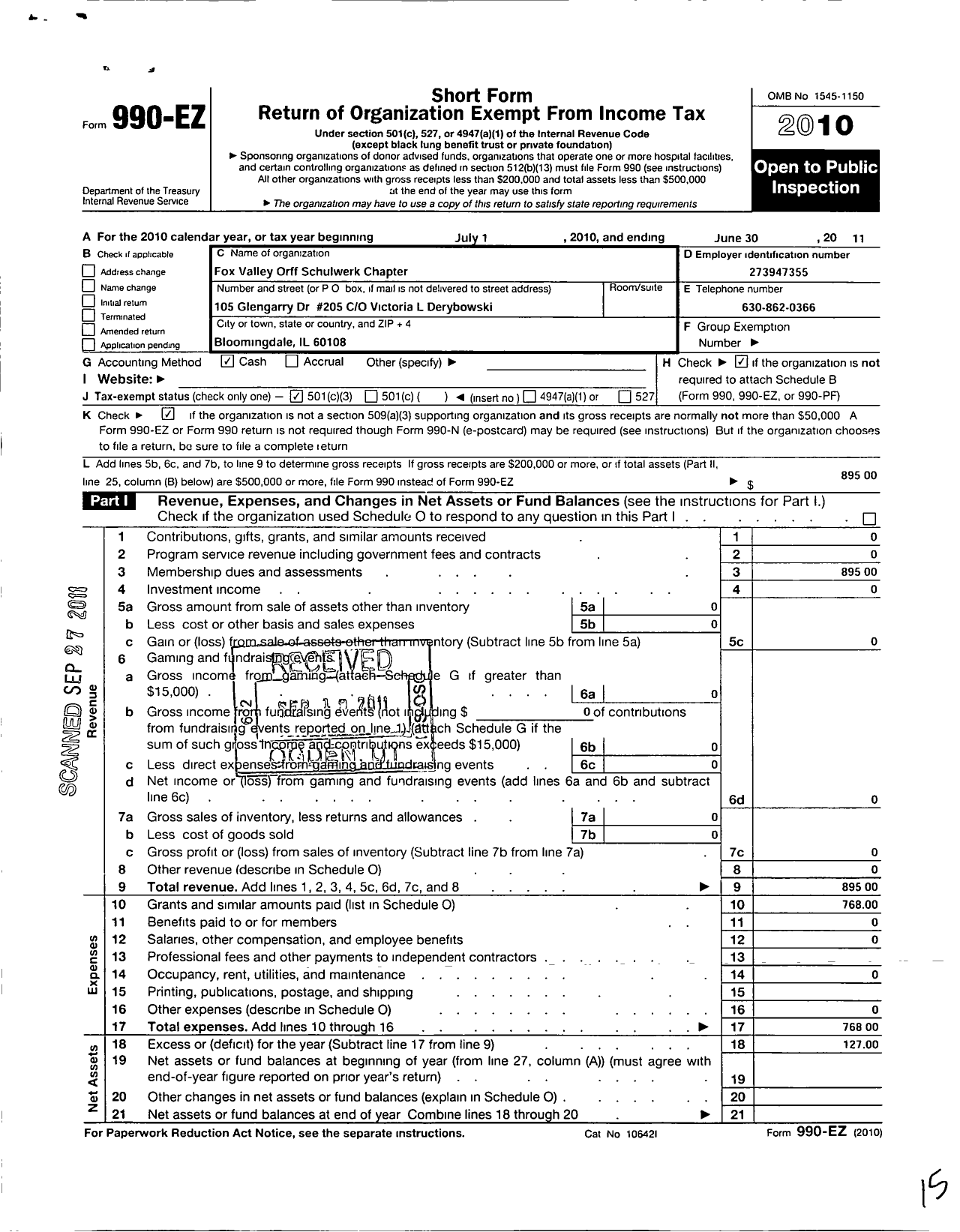 Image of first page of 2010 Form 990EZ for Fox Valley Orff-Schulwerk Chapter