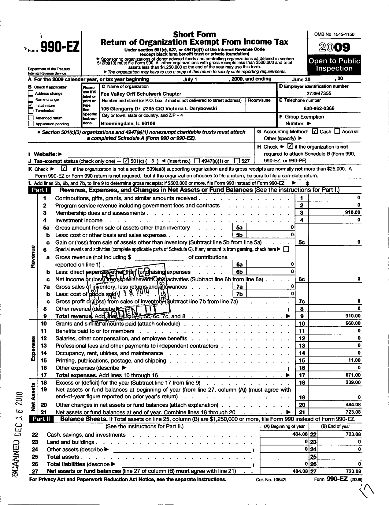 Image of first page of 2008 Form 990EZ for Fox Valley Orff-Schulwerk Chapter