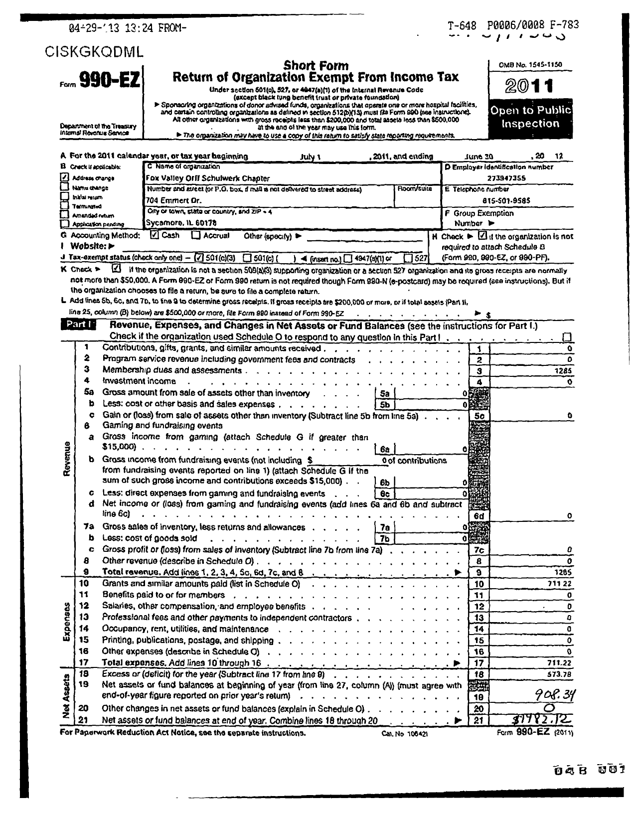 Image of first page of 2011 Form 990EOR for Fox Valley Orff-Schulwerk Chapter