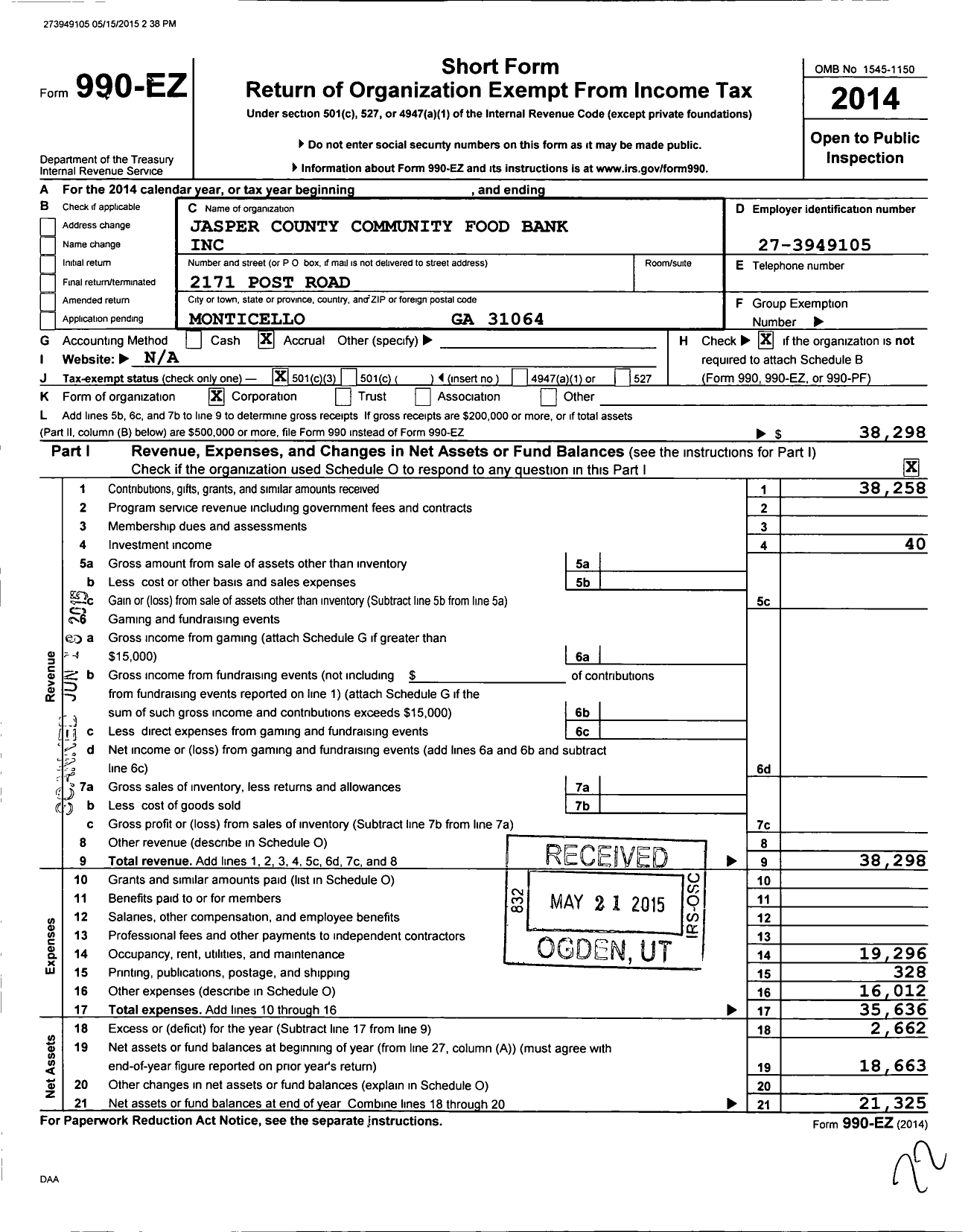 Image of first page of 2014 Form 990EZ for Jasper County Community Food Bank