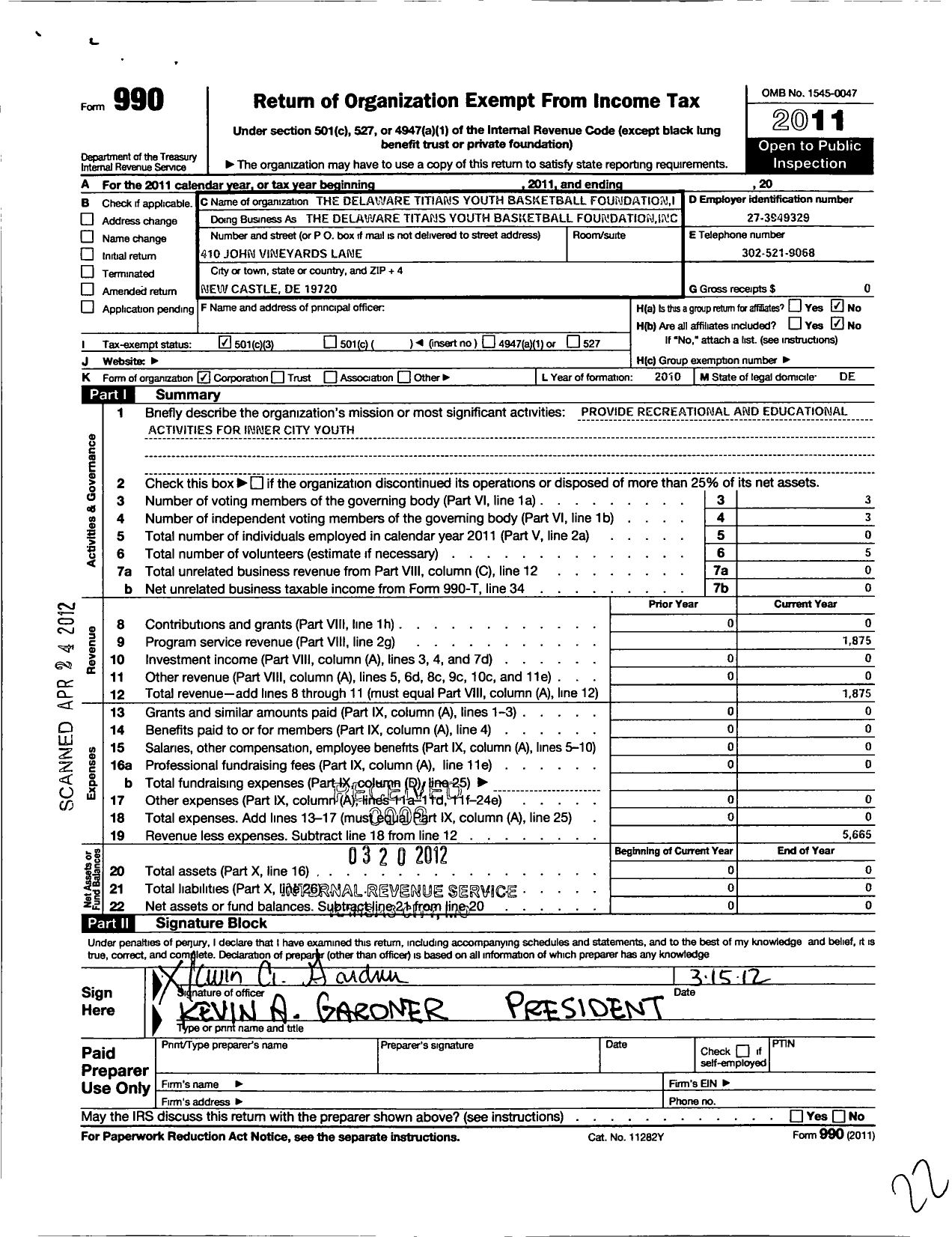 Image of first page of 2011 Form 990 for Delaware Titans Youth Basketball Foundation